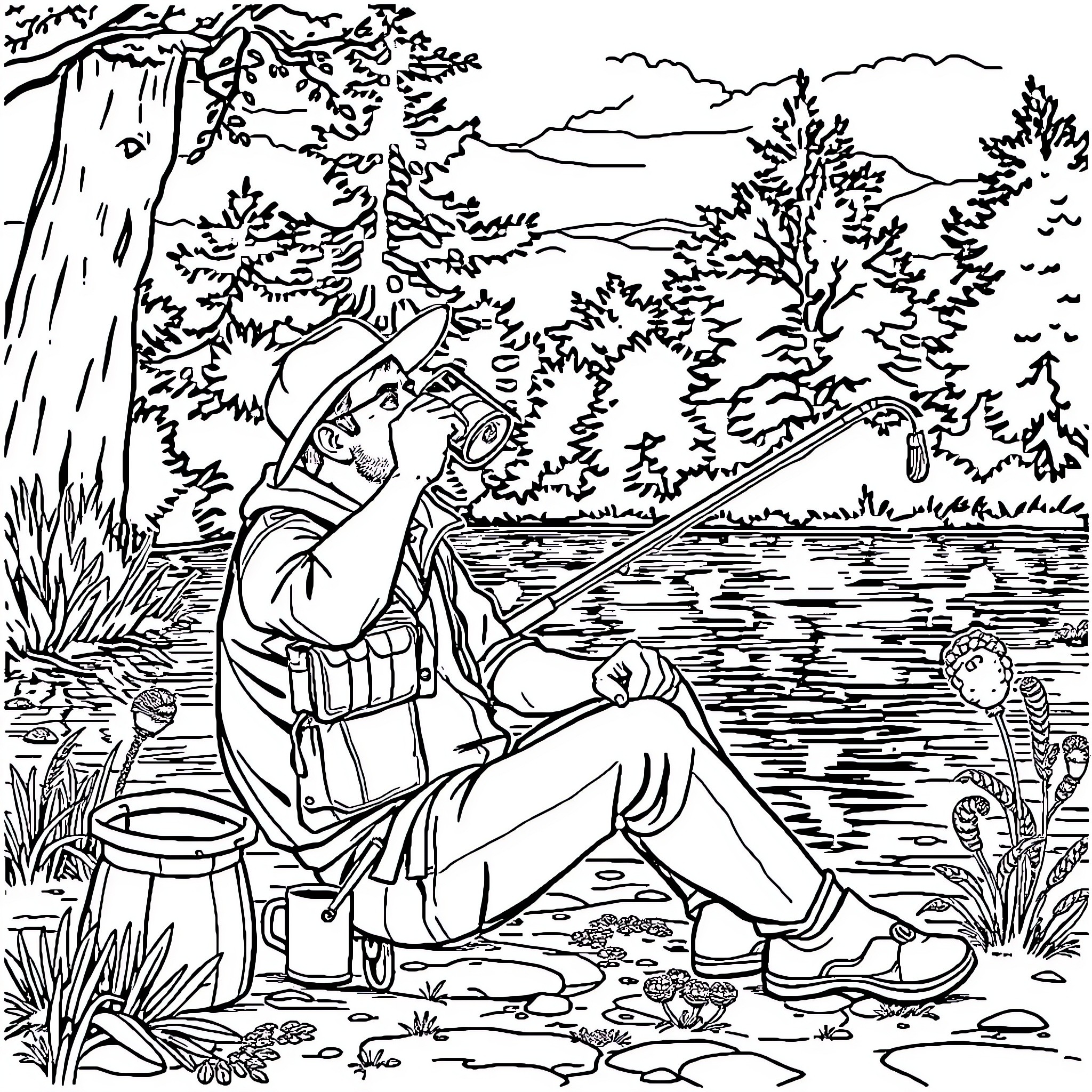 Chat with nature in the serene forest landscape Coloring Page (free black-and-white line drawing printable PDF for all, from beginners to advanced learners, including children, teens, adults, and seniors)