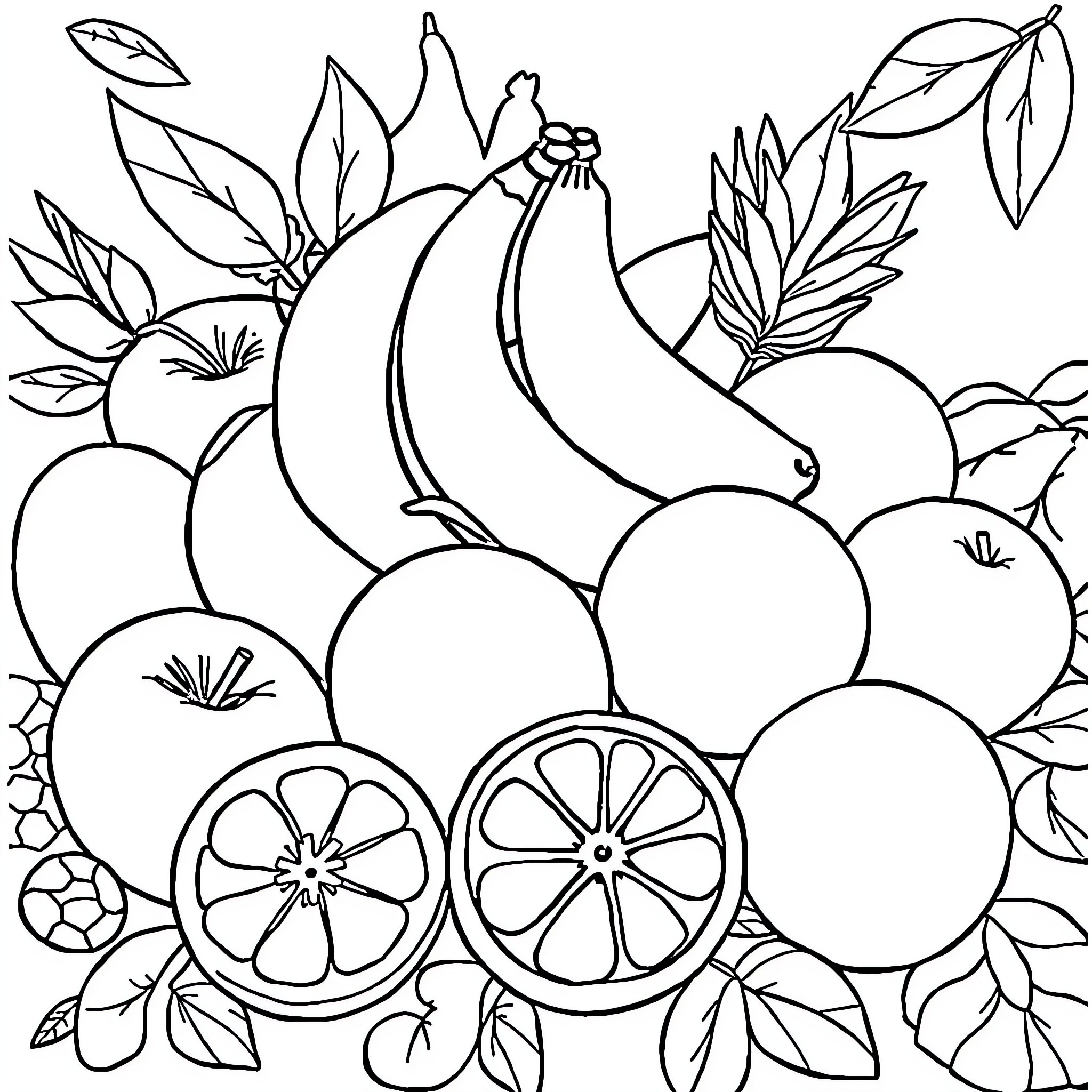 Fruit Basket with Assorted Tropical Produce Coloring Page (free black-and-white line drawing printable PDF for all, from beginners to advanced learners, including children, teens, adults, and seniors)