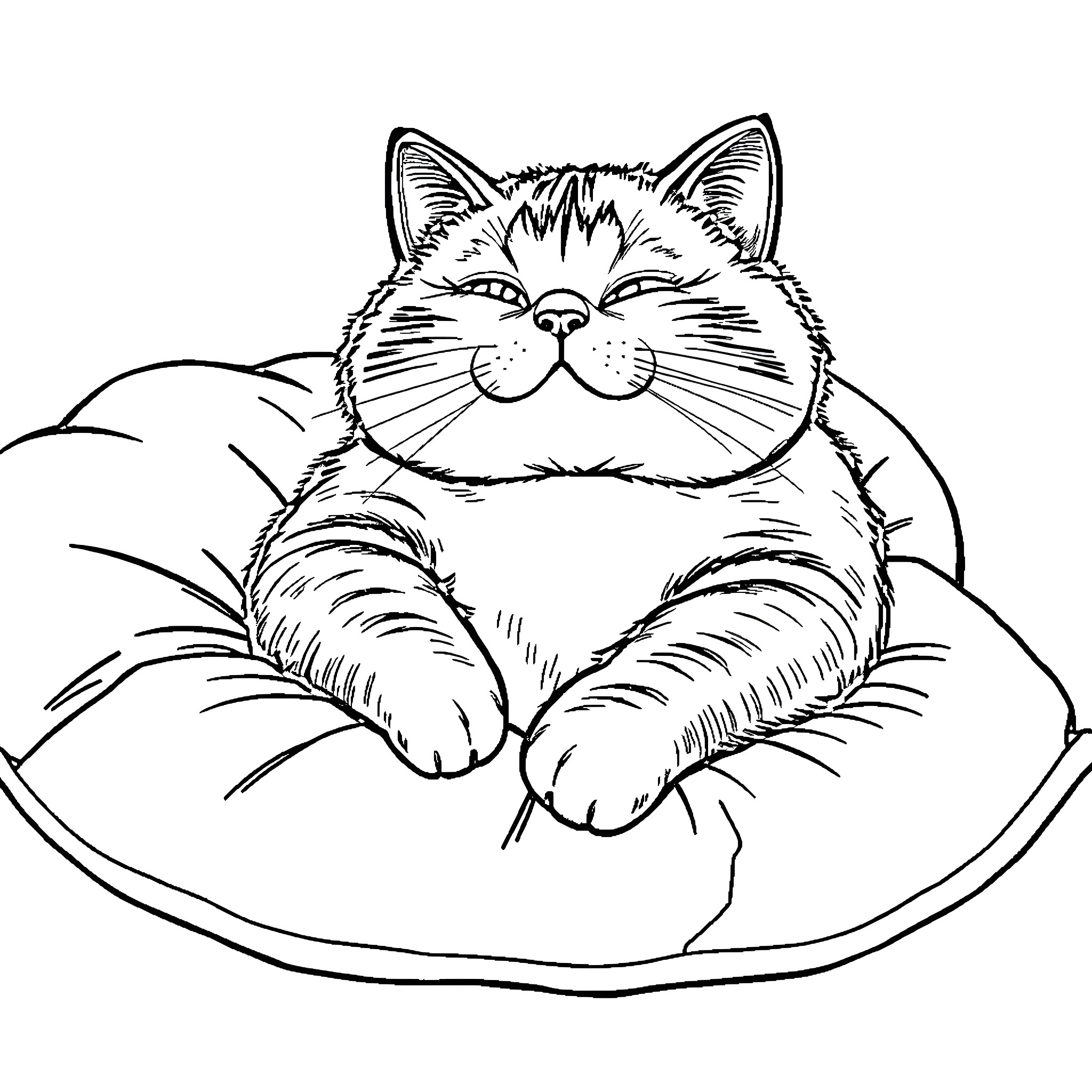 Cat resting comfortably on a cushion Coloring Page (free black-and-white line drawing printable PDF for all, from beginners to advanced learners, including children, teens, adults, and seniors)