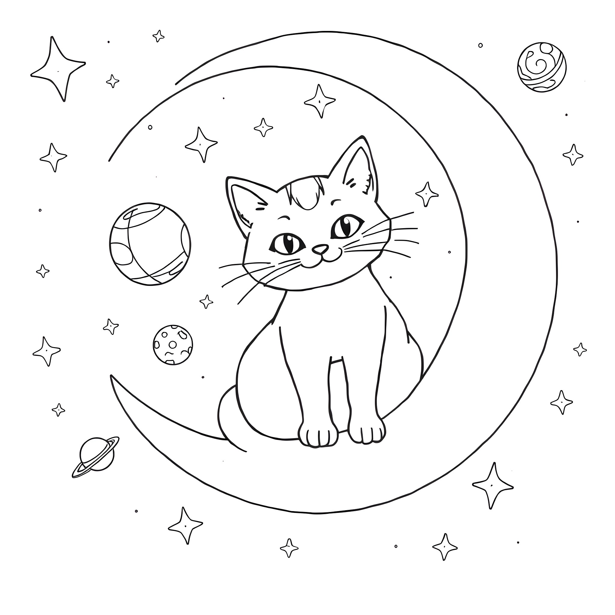 Cat in a Cosmic Dreamscape Coloring Page (free black-and-white line drawing printable PDF for all, from beginners to advanced learners, including children, teens, adults, and seniors)