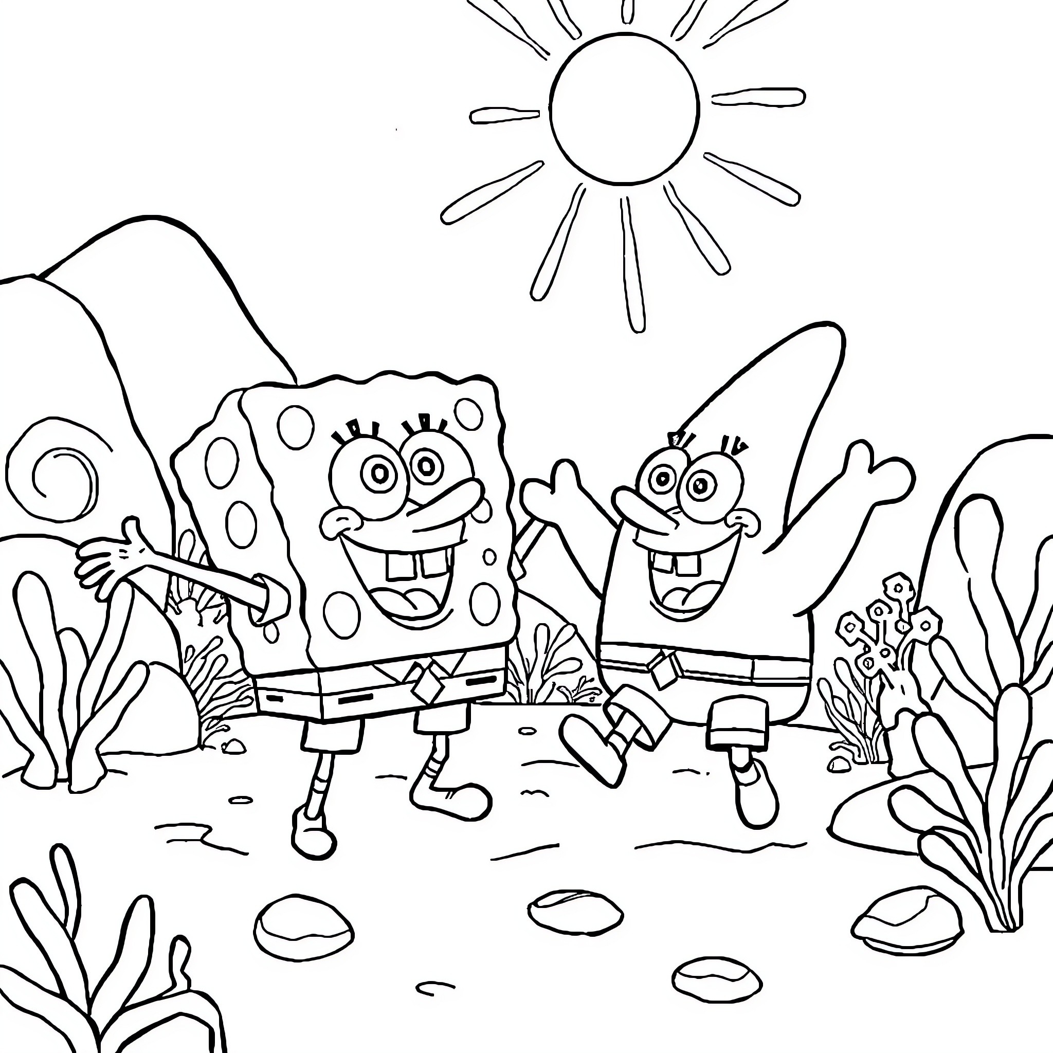 Spongebob and Patrick playing happily outdoors Coloring Page (free black-and-white line drawing printable PDF for all, from beginners to advanced learners, including children, teens, adults, and seniors)