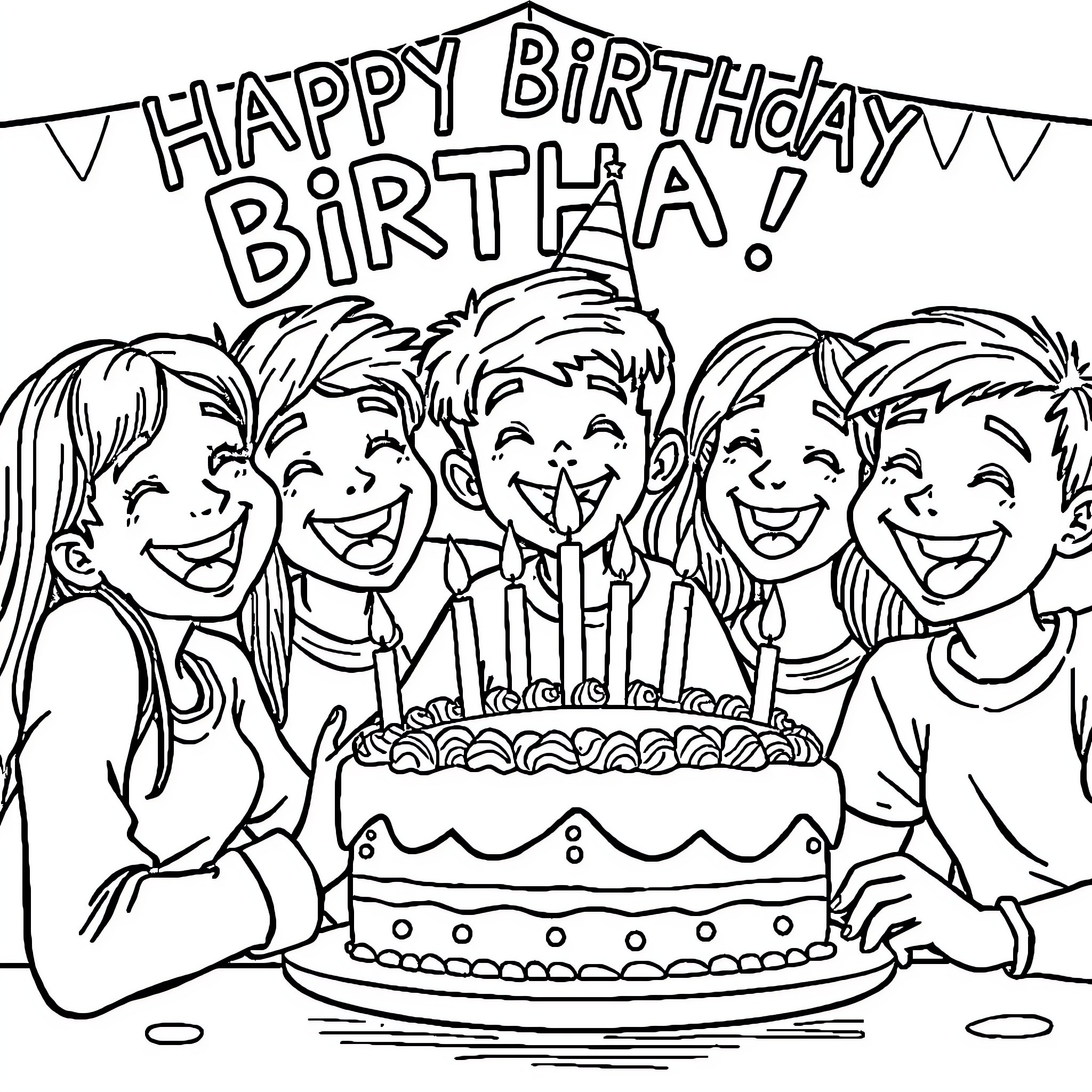 Boy celebrating happy birthday with friends Coloring Page (free black-and-white line drawing printable PDF for all, from beginners to advanced learners, including children, teens, adults, and seniors)