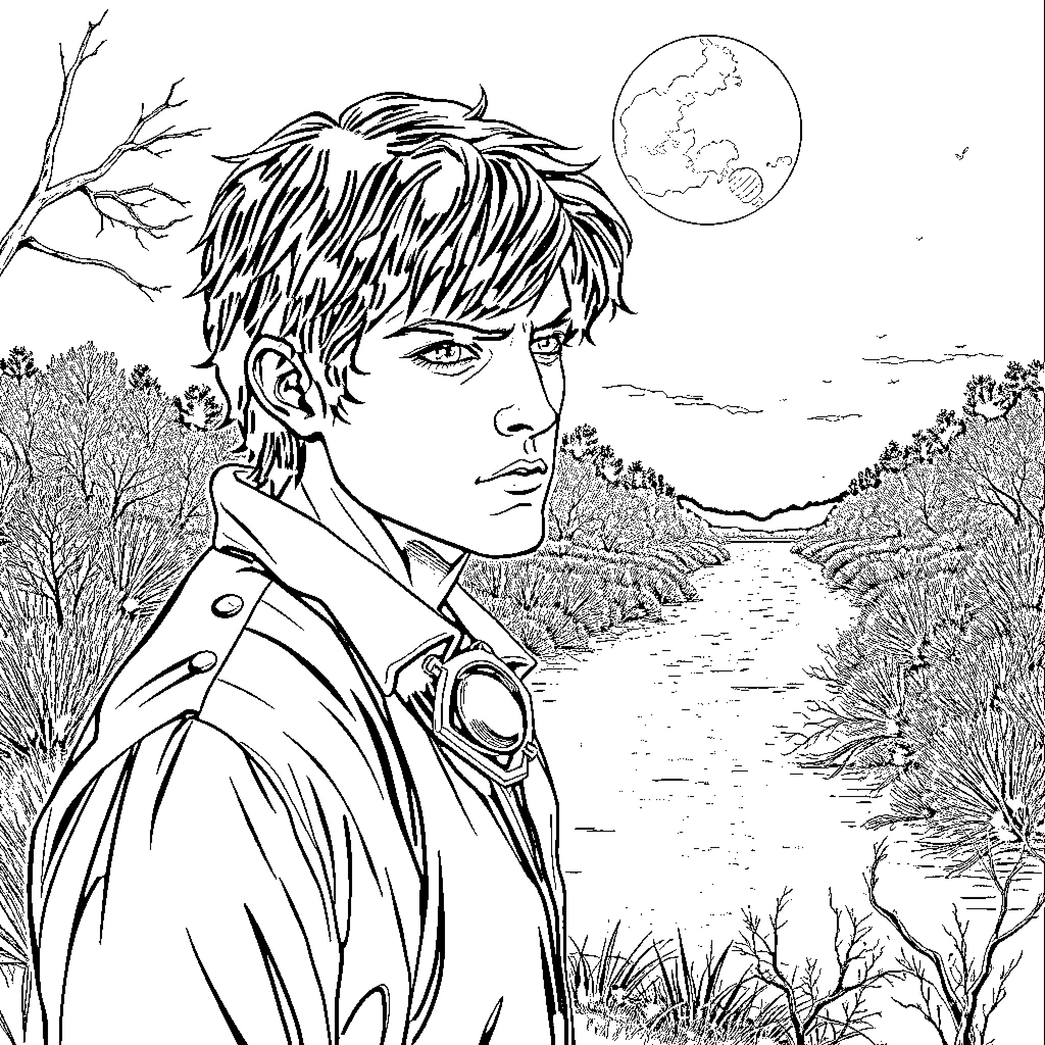 Stefan Salvatore brooding in the moonlit forest Coloring Page (free black-and-white line drawing printable PDF for all, from beginners to advanced learners, including children, teens, adults, and seniors)