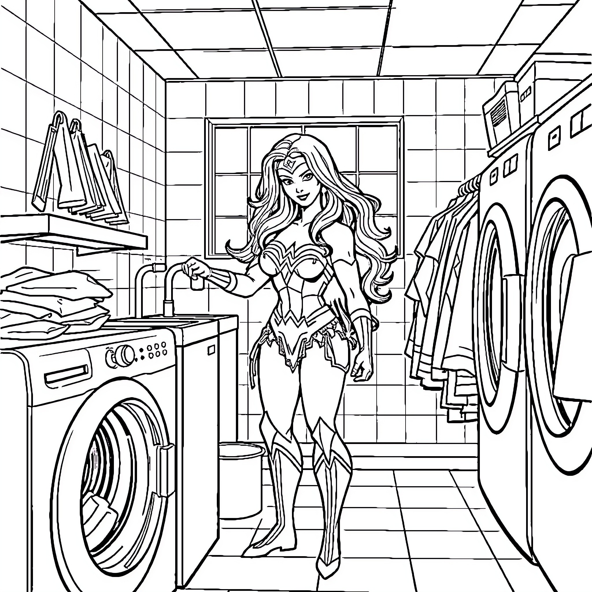 Wonder Woman doing laundry in the superhero's home Coloring Page (free black-and-white line drawing printable PDF for all, from beginners to advanced learners, including children, teens, adults, and seniors)