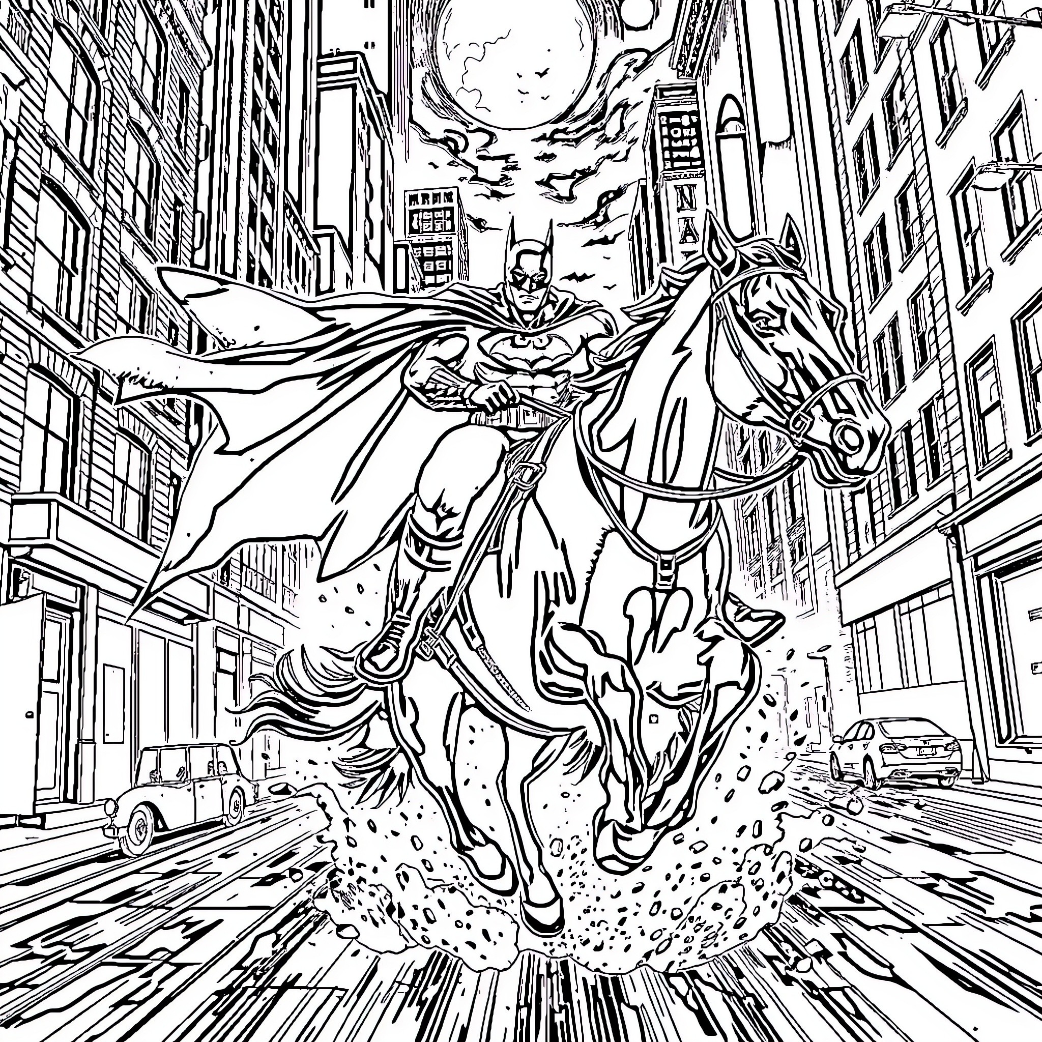 Batman Rides Through the City on a Horse Coloring Page (free black-and-white line drawing printable PDF for all, from beginners to advanced learners, including children, teens, adults, and seniors)
