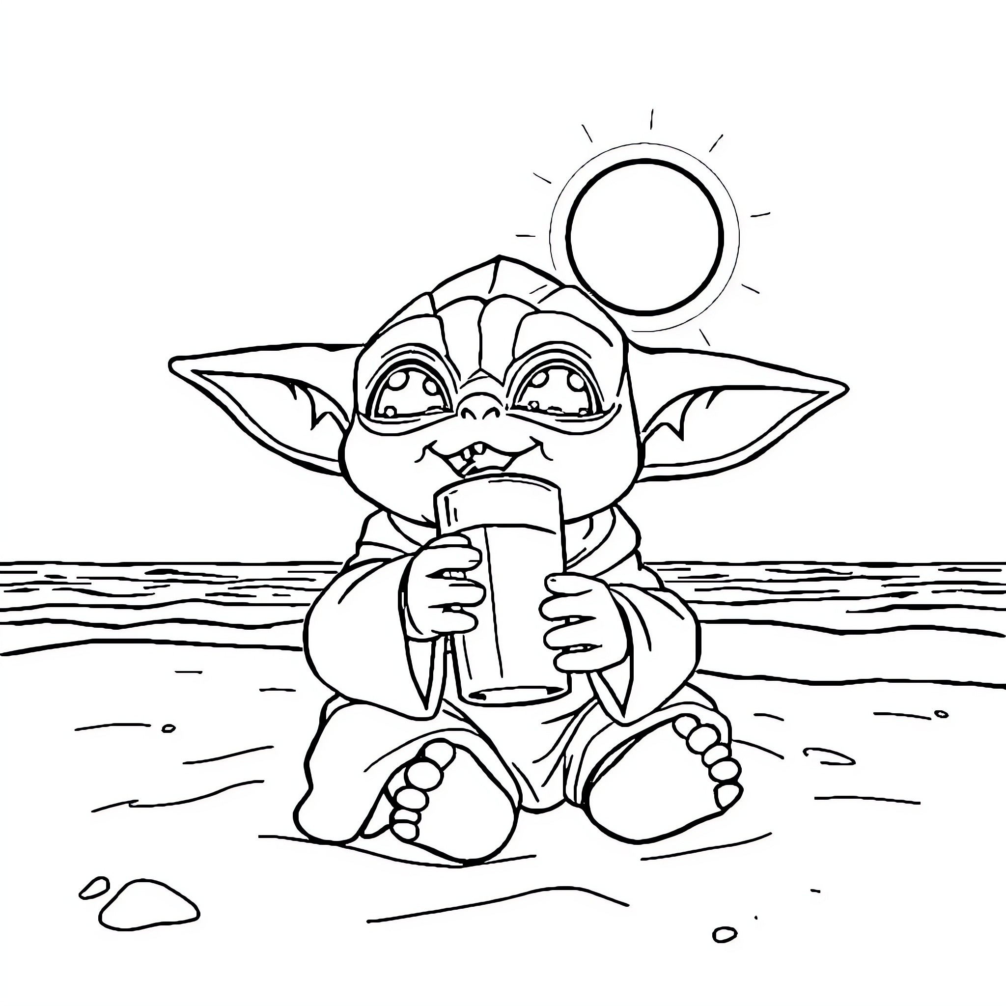 Baby Yoda enjoying refreshment on the beach Coloring Page (free black-and-white line drawing printable PDF for all, from beginners to advanced learners, including children, teens, adults, and seniors)
