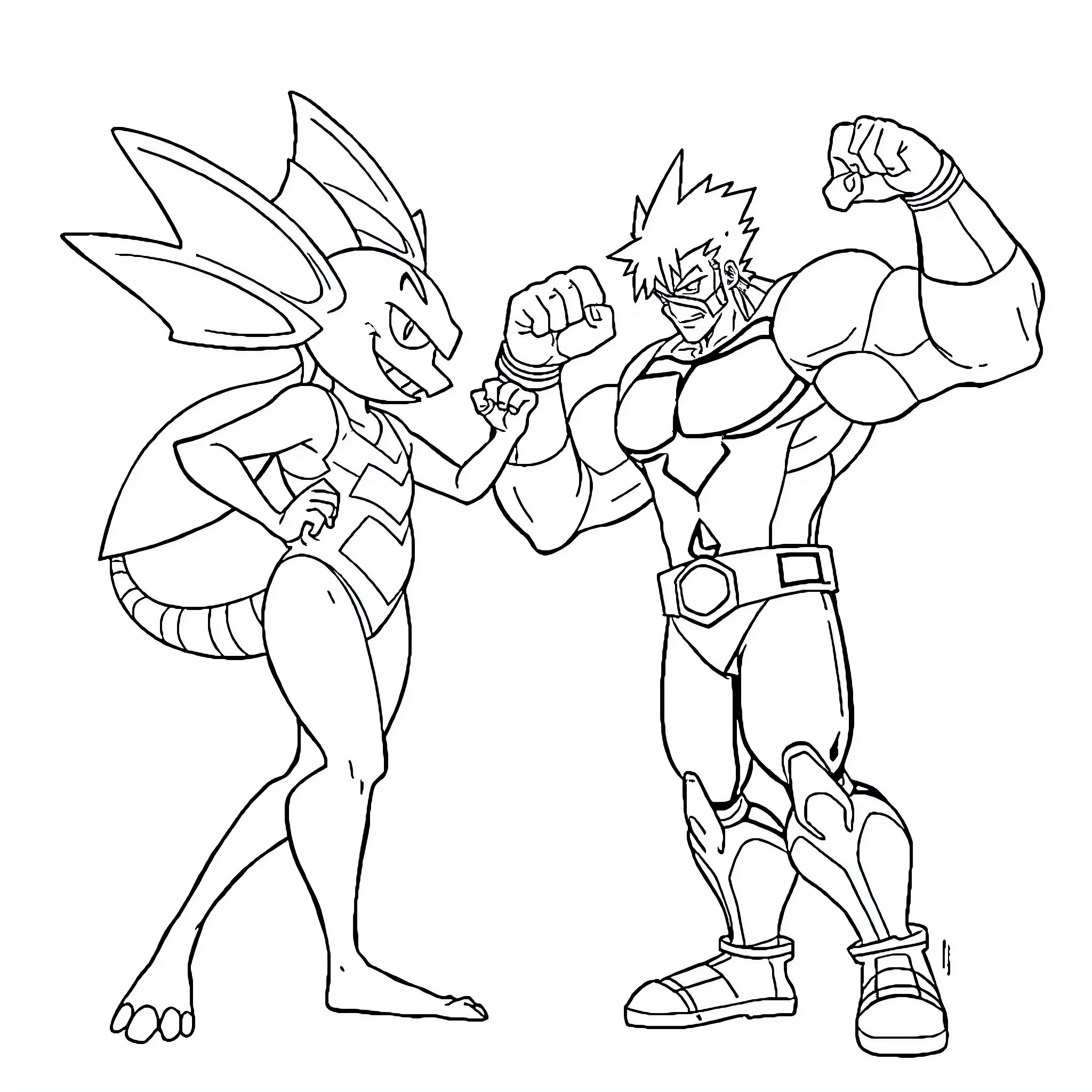 Buzzwole engaged in arm wrestling with muscular character Coloring Page (free black-and-white line drawing printable PDF for all, from beginners to advanced learners, including children, teens, adults, and seniors)