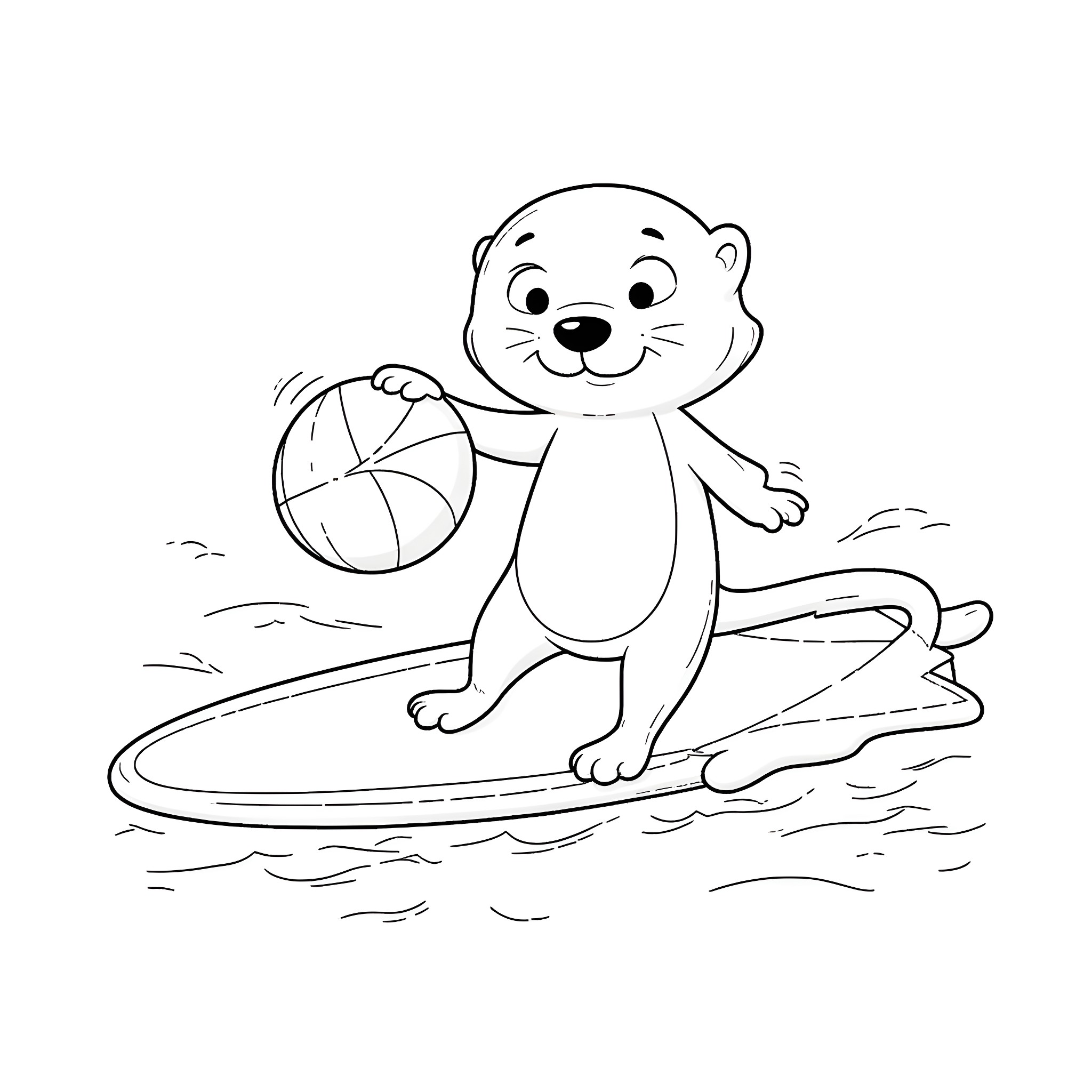 Otter playing with beach ball in the water Coloring Page (free black-and-white line drawing printable PDF for all, from beginners to advanced learners, including children, teens, adults, and seniors)