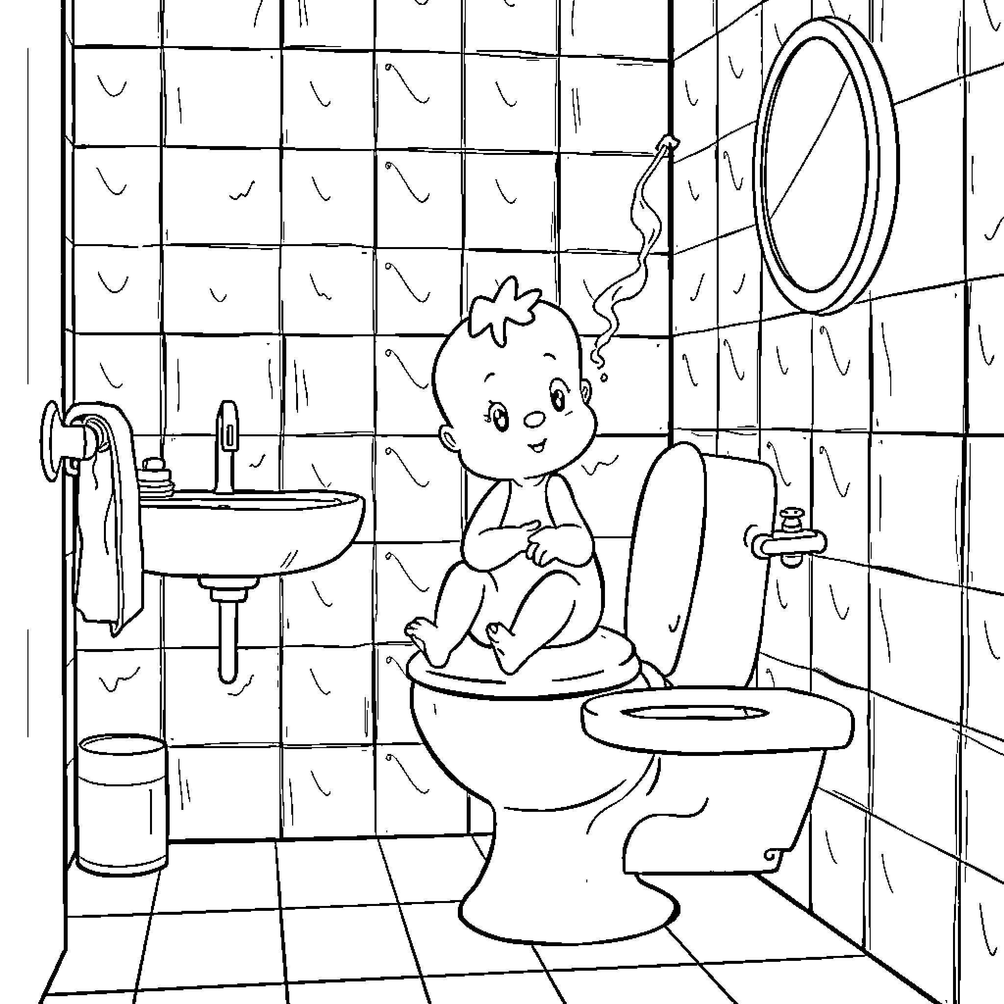 Tchoupi enjoys a peaceful moment in the bathroom Coloring Page (free black-and-white line drawing printable PDF for all, from beginners to advanced learners, including children, teens, adults, and seniors)