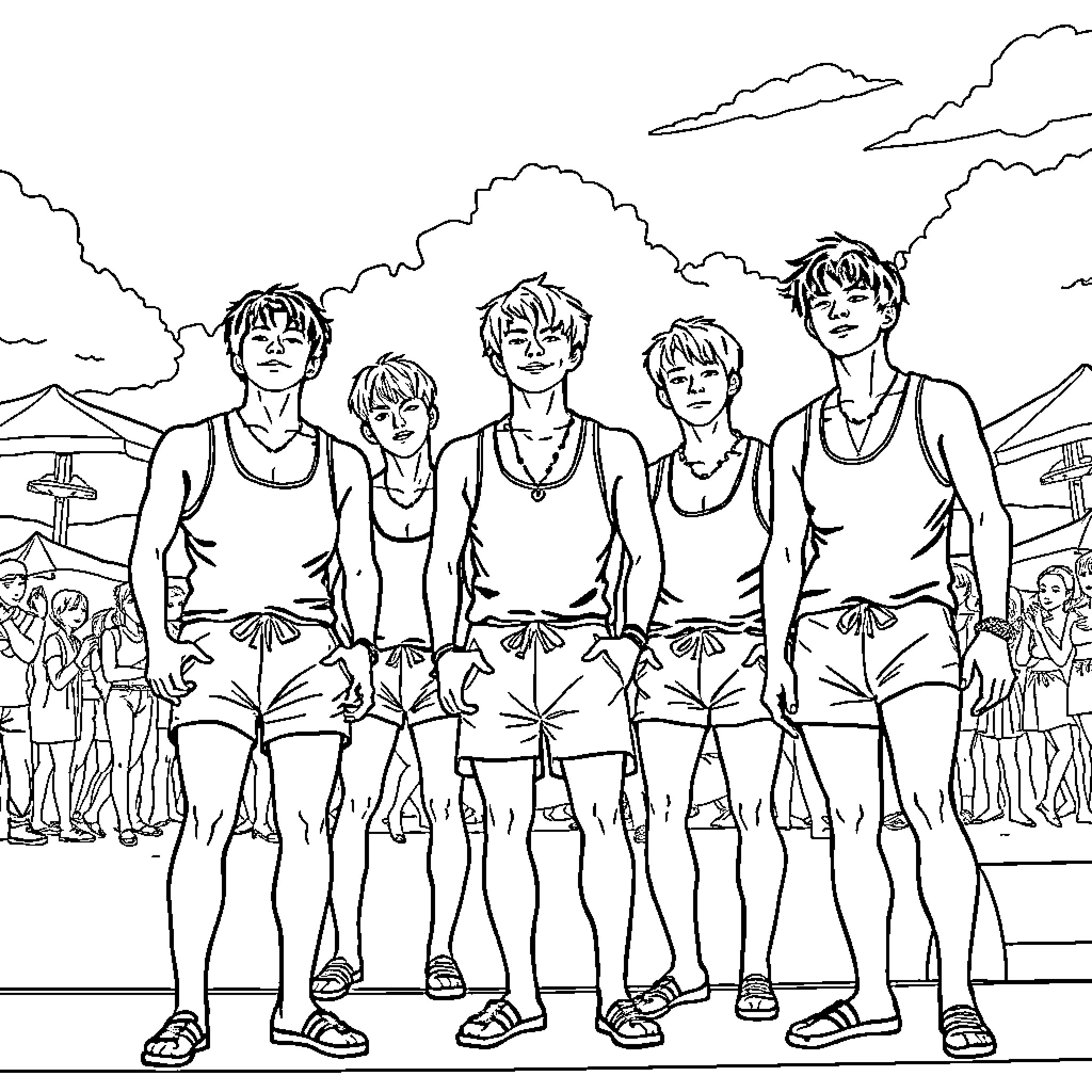 K Pop Group Performing on Stage with Crowd Coloring Page (free black-and-white line drawing printable PDF for all, from beginners to advanced learners, including children, teens, adults, and seniors)