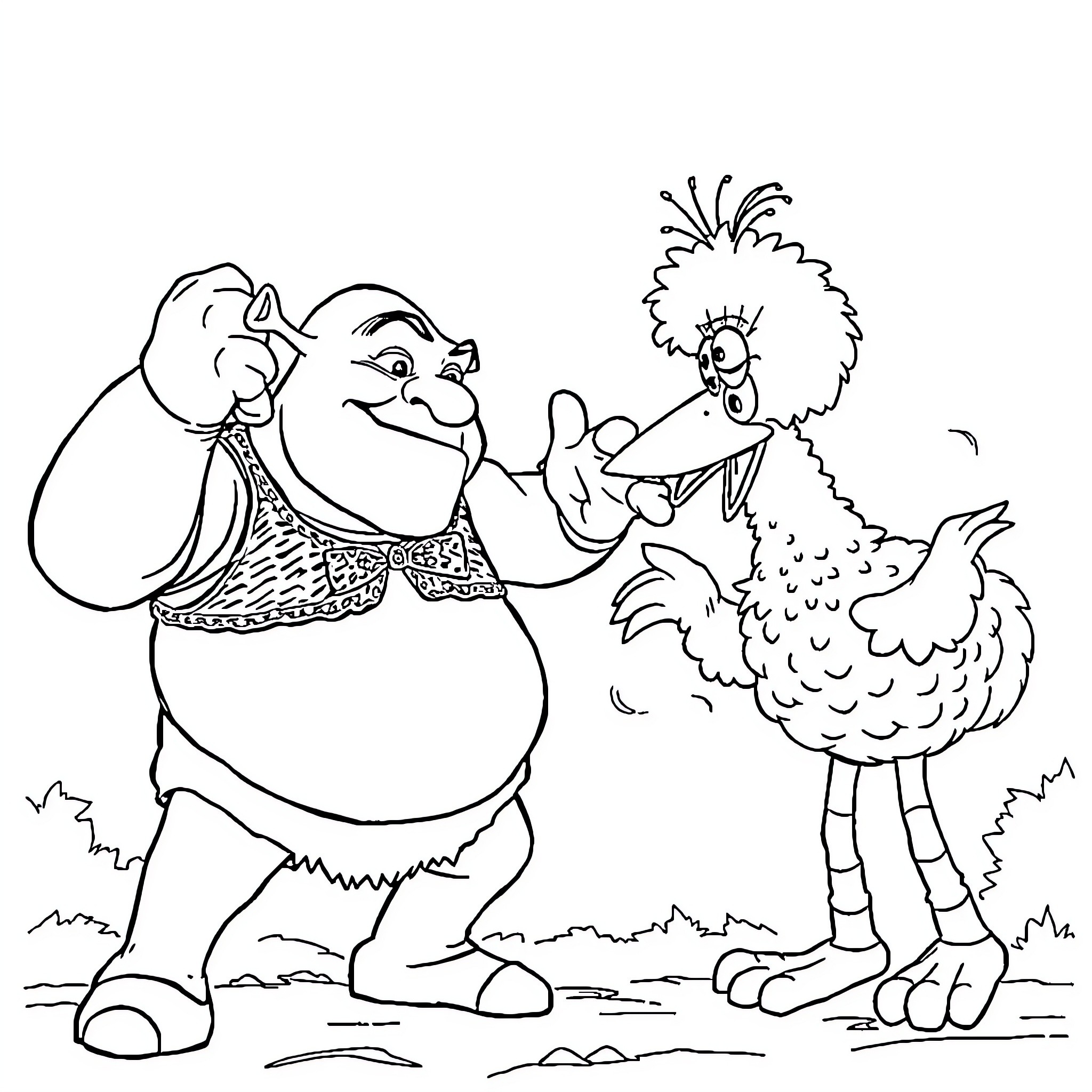 Shrek and Donkey playing together in the grass Coloring Page (free black-and-white line drawing printable PDF for all, from beginners to advanced learners, including children, teens, adults, and seniors)