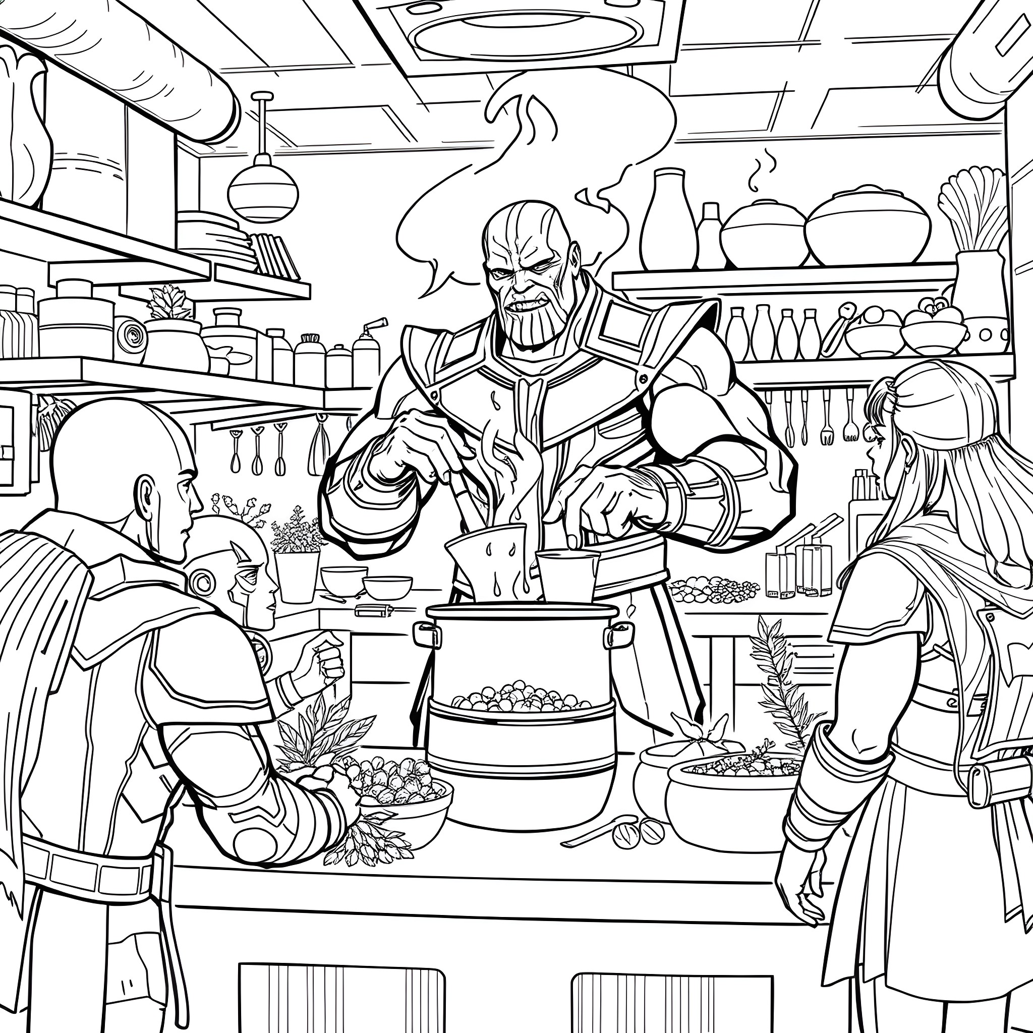 Thanos preparing a feast in the kitchen Coloring Page (free black-and-white line drawing printable PDF for all, from beginners to advanced learners, including children, teens, adults, and seniors)