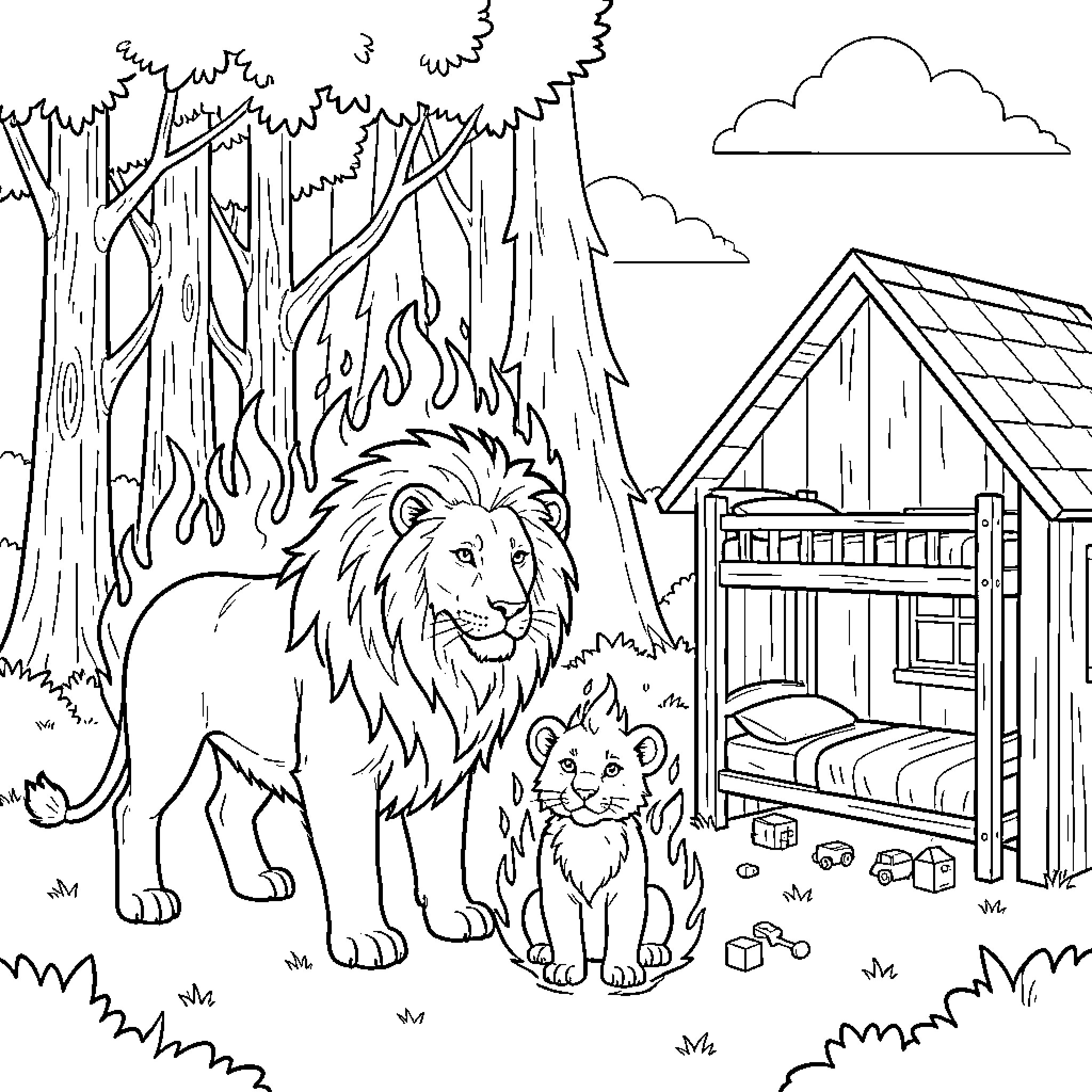 Lion and cub standing near a wooden cabin Coloring Page (free black-and-white line drawing printable PDF for all, from beginners to advanced learners, including children, teens, adults, and seniors)
