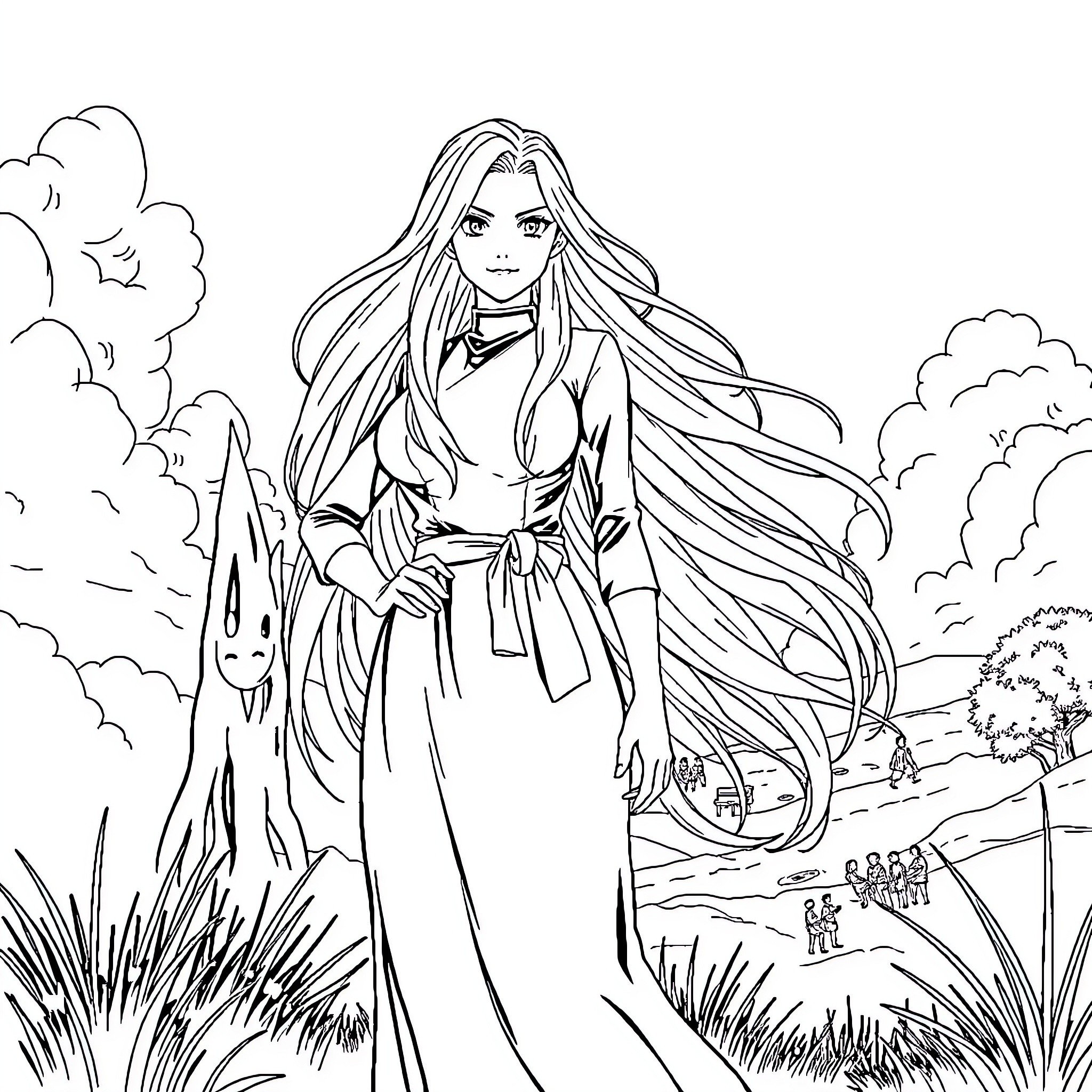 Tsunade's Commanding Presence in the Serene Landscape Coloring Page (free black-and-white line drawing printable PDF for all, from beginners to advanced learners, including children, teens, adults, and seniors)