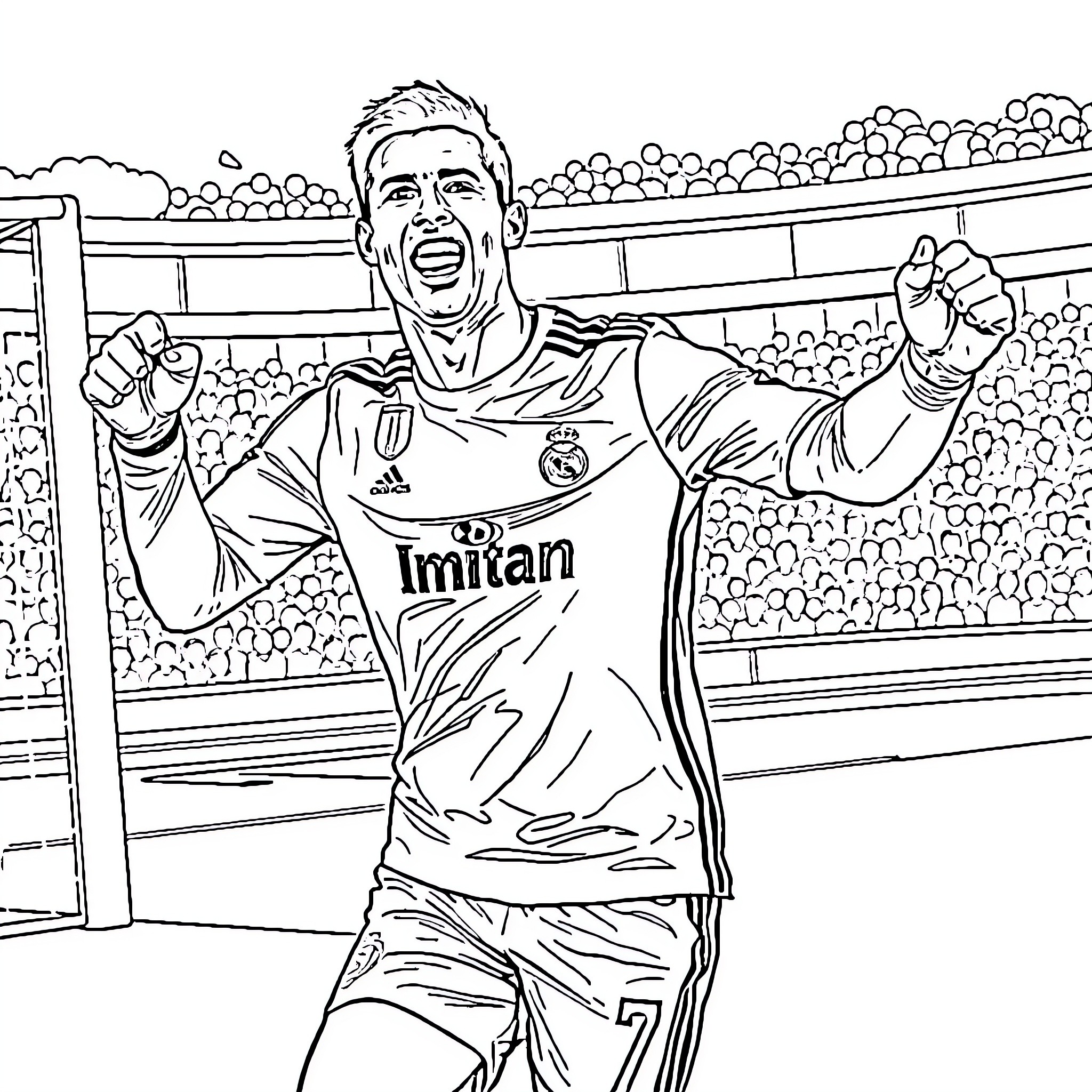 Cristiano Ronaldo Celebrating Soccer Victory on the Field Coloring Page (free black-and-white line drawing printable PDF for all, from beginners to advanced learners, including children, teens, adults, and seniors)