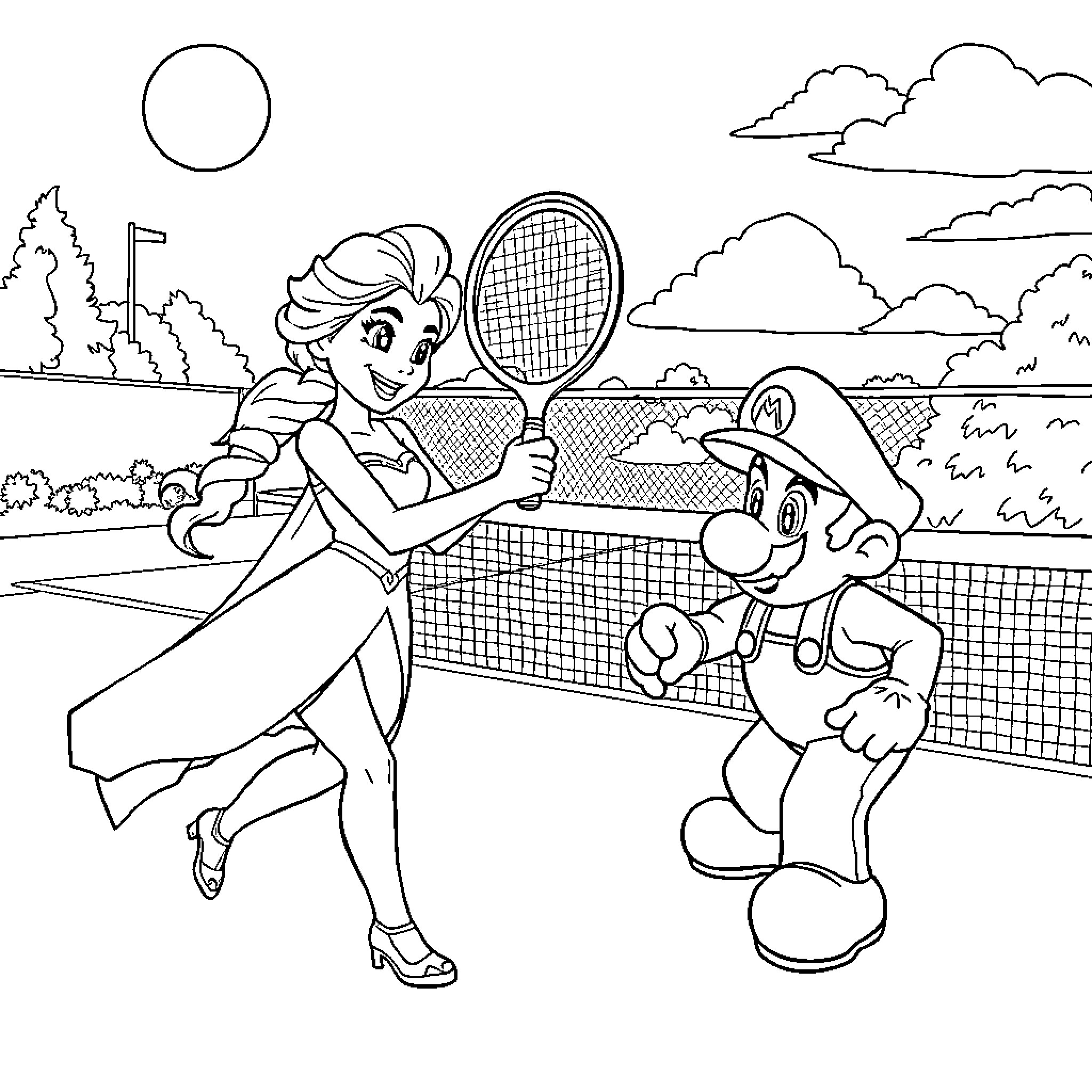 Elsa and Mario playing tennis on the court Coloring Page (free black-and-white line drawing printable PDF for all, from beginners to advanced learners, including children, teens, adults, and seniors)