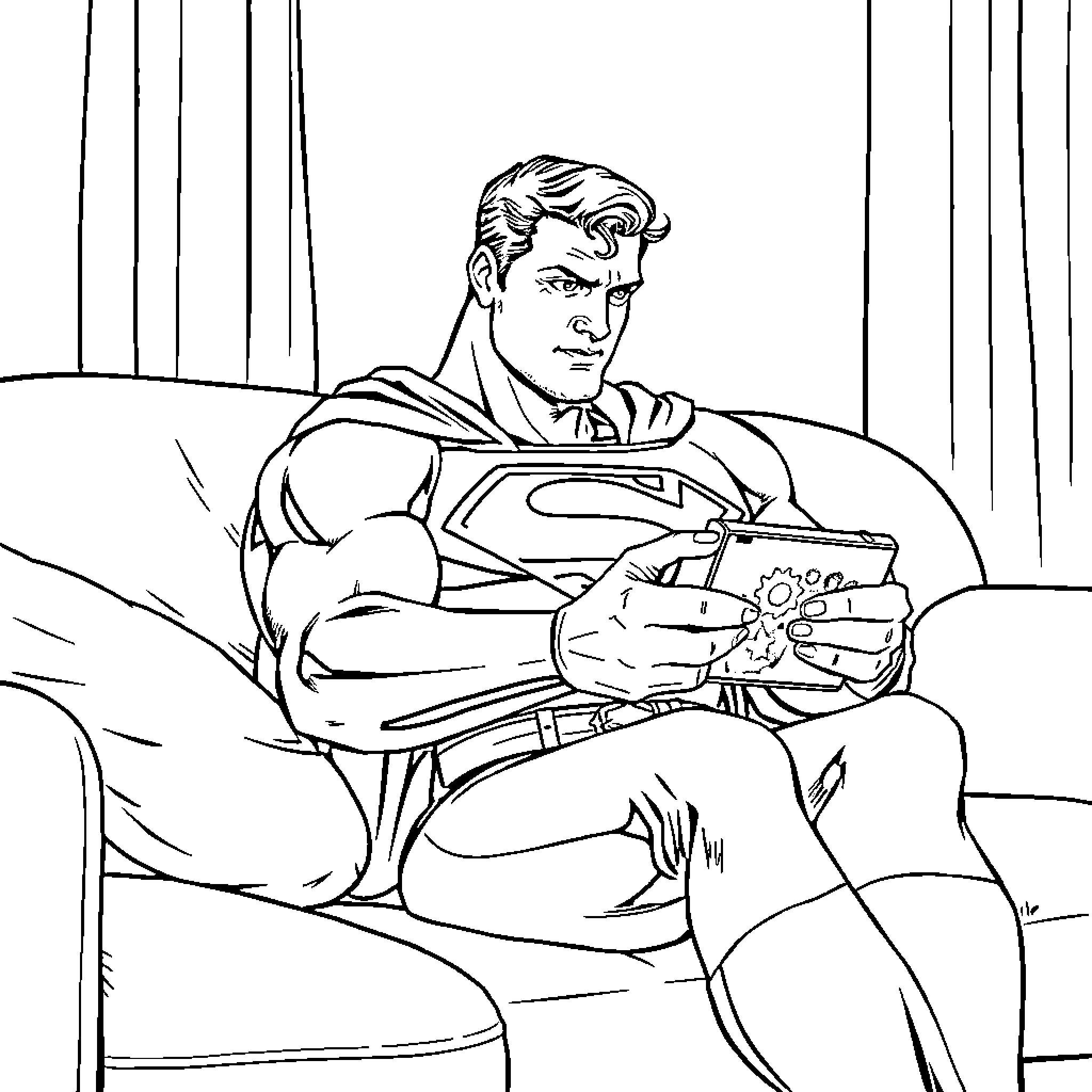 Superman relaxing and enjoying a snack Coloring Page (free black-and-white line drawing printable PDF for all, from beginners to advanced learners, including children, teens, adults, and seniors)