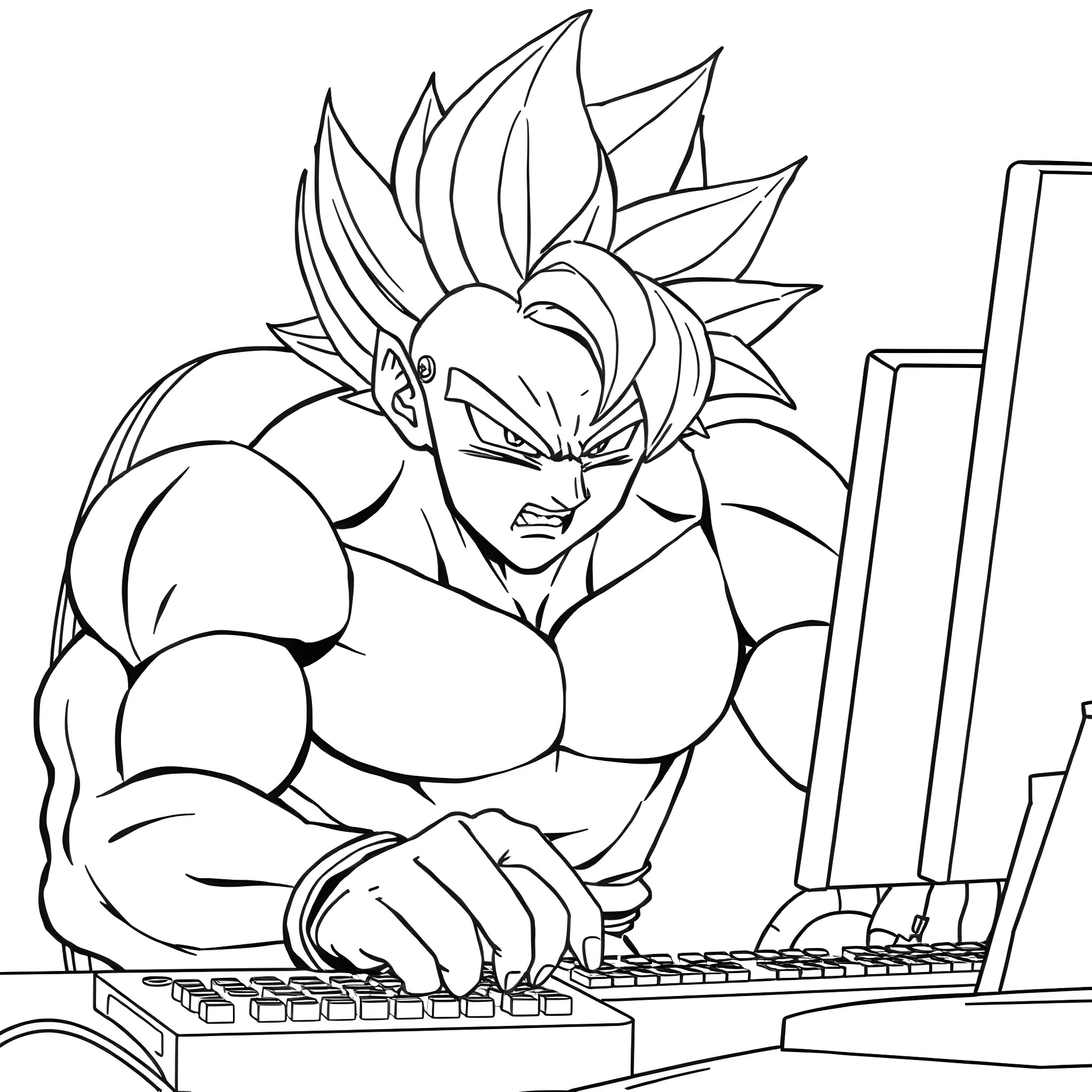 Broly, the powerful warrior, focused on computer work Coloring Page (free black-and-white line drawing printable PDF for all, from beginners to advanced learners, including children, teens, adults, and seniors)
