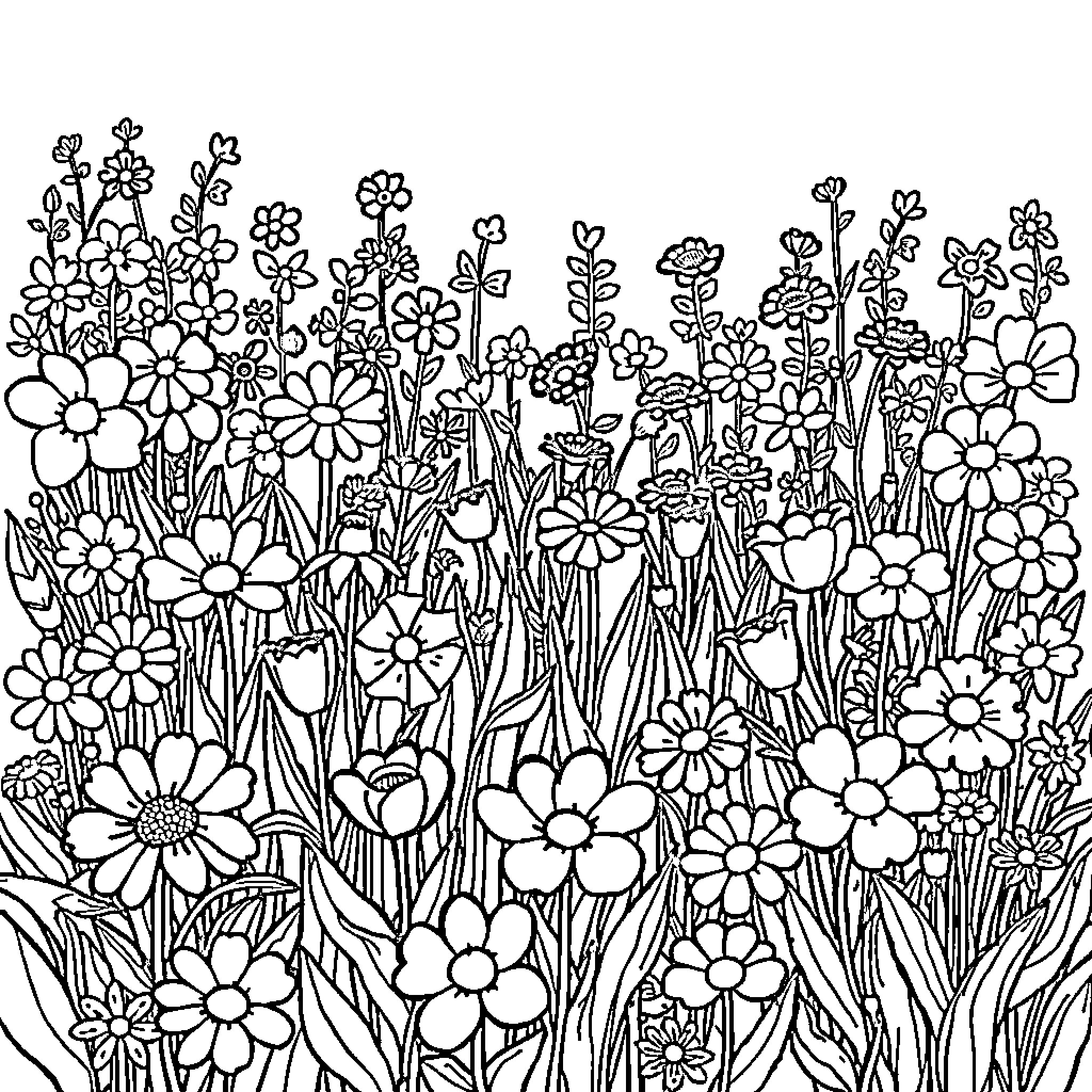 Flower field with intricate floral patterns Coloring Page (free black-and-white line drawing printable PDF for all, from beginners to advanced learners, including children, teens, adults, and seniors)