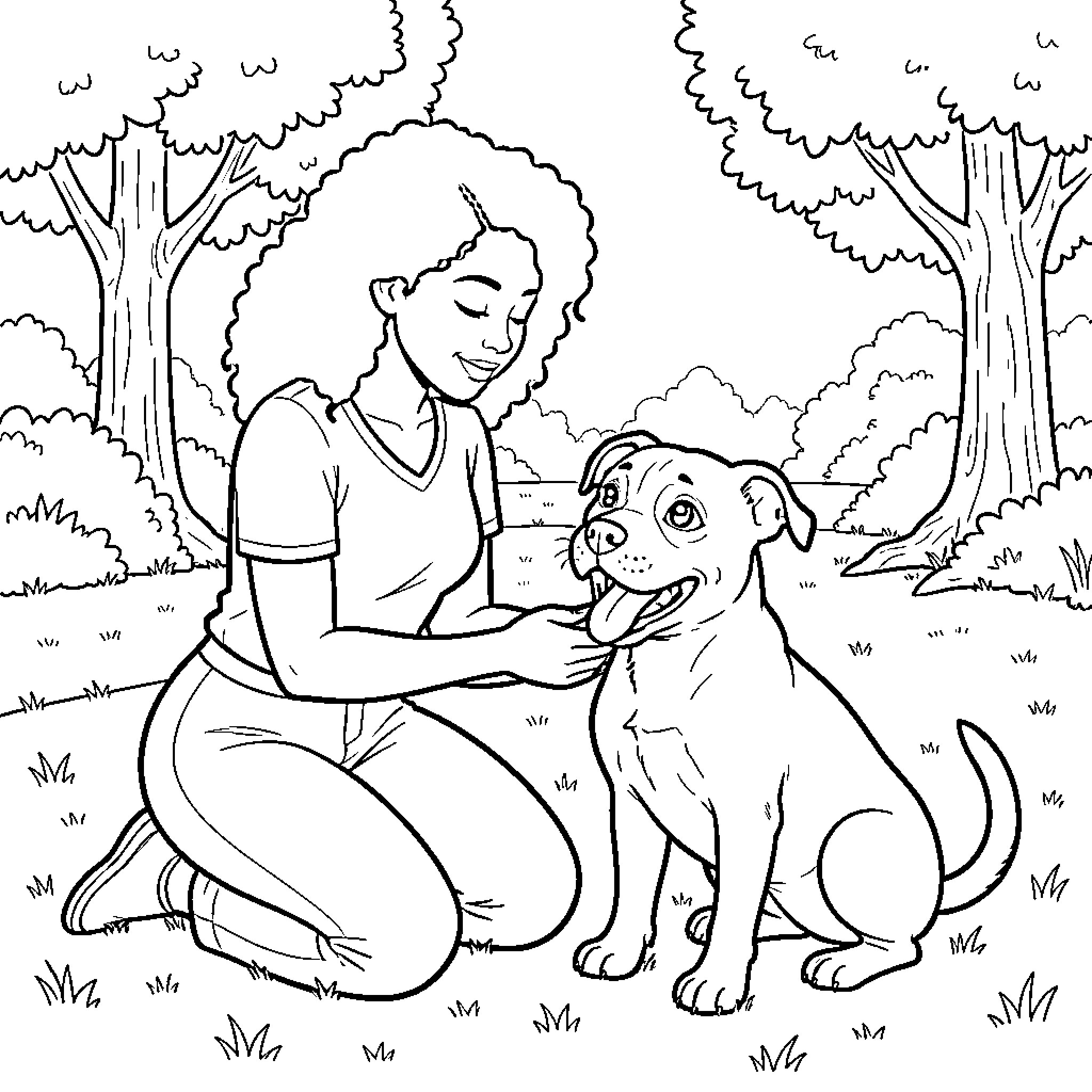 Woman interacting with a friendly dog in nature Coloring Page (free black-and-white line drawing printable PDF for all, from beginners to advanced learners, including children, teens, adults, and seniors)