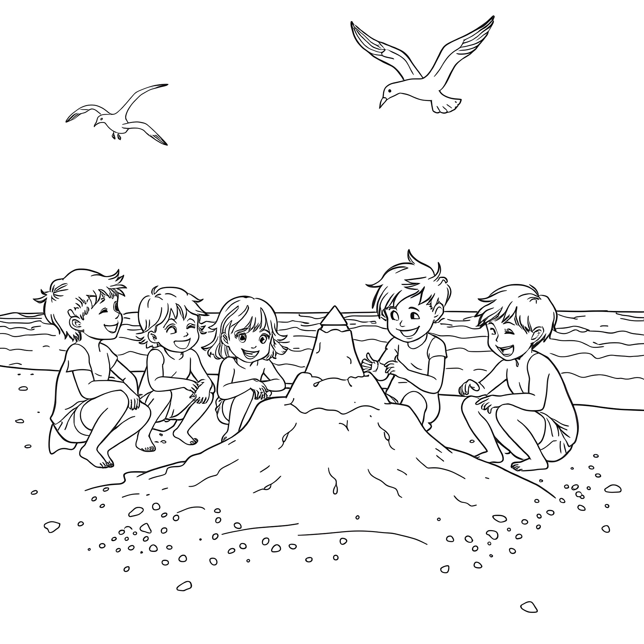 Kids playing happily at the beach Coloring Page (free black-and-white line drawing printable PDF for all, from beginners to advanced learners, including children, teens, adults, and seniors)