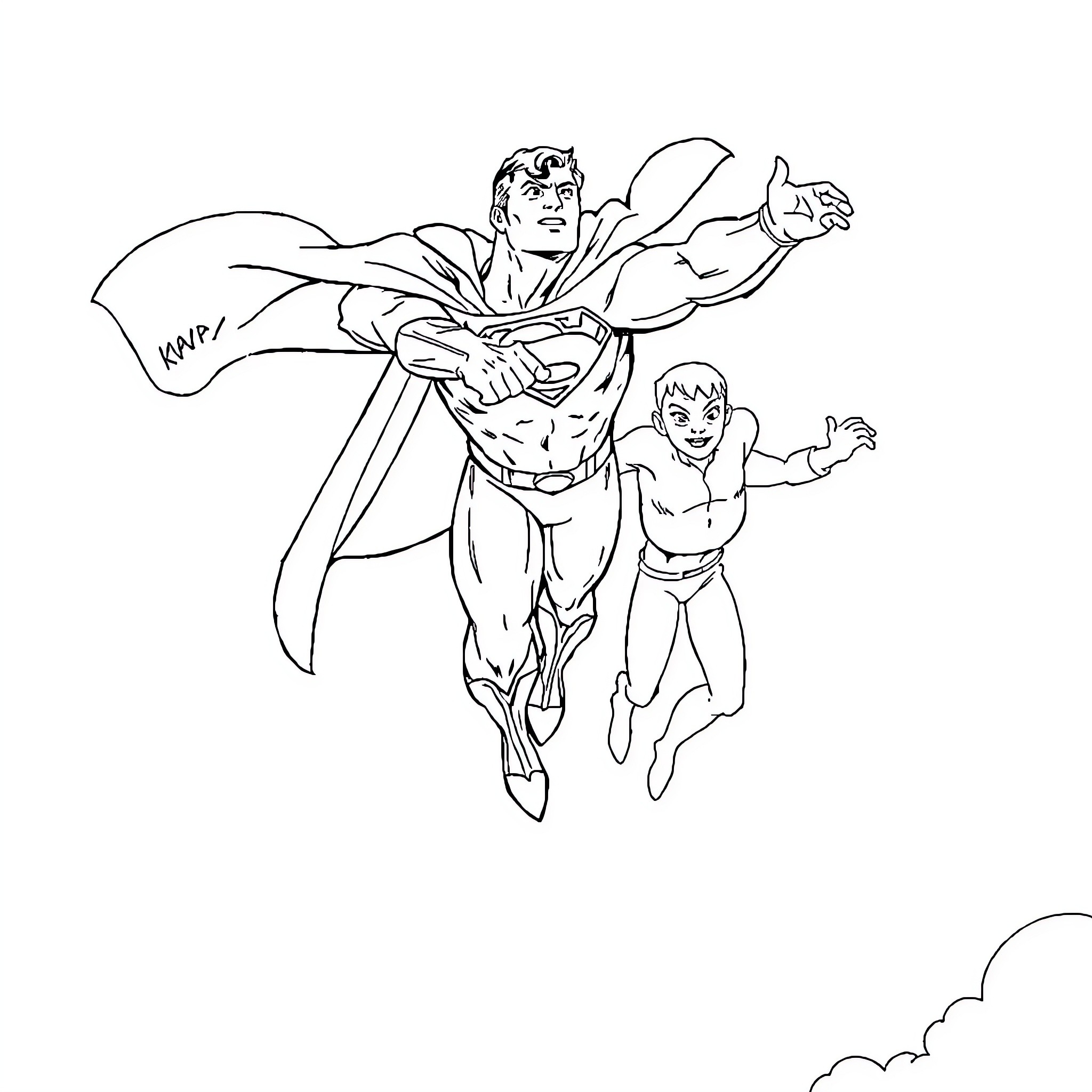Superman and sidekick in heroic flight Coloring Page (free black-and-white line drawing printable PDF for all, from beginners to advanced learners, including children, teens, adults, and seniors)