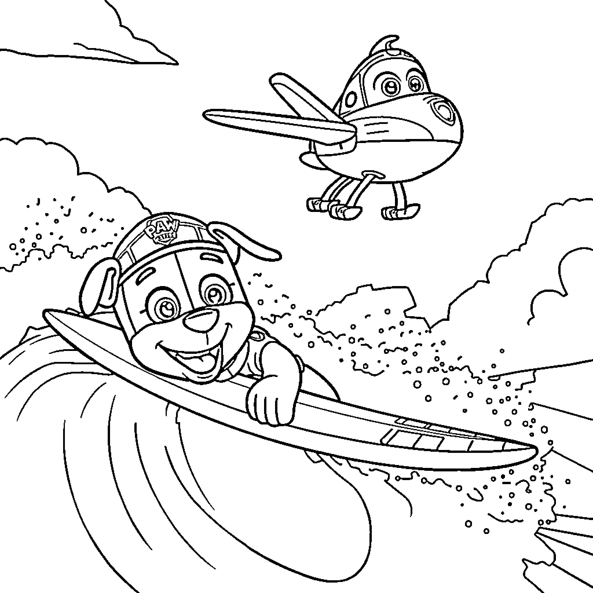 Paw Patrol characters on an adventure Coloring Page (free black-and-white line drawing printable PDF for all, from beginners to advanced learners, including children, teens, adults, and seniors)