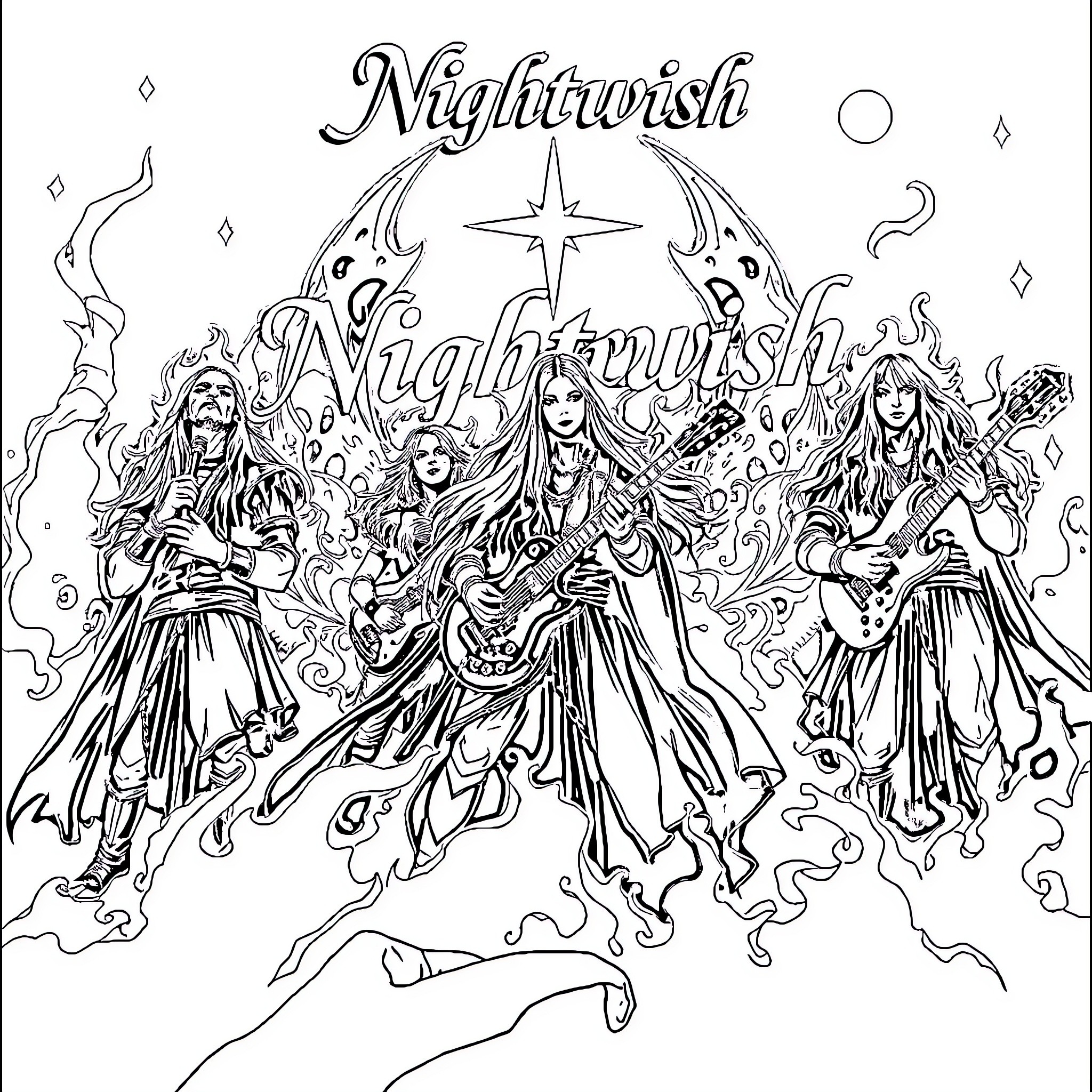 Nightwish Performing on Stage with Enchanting Costumes Coloring Page (free black-and-white line drawing printable PDF for all, from beginners to advanced learners, including children, teens, adults, and seniors)