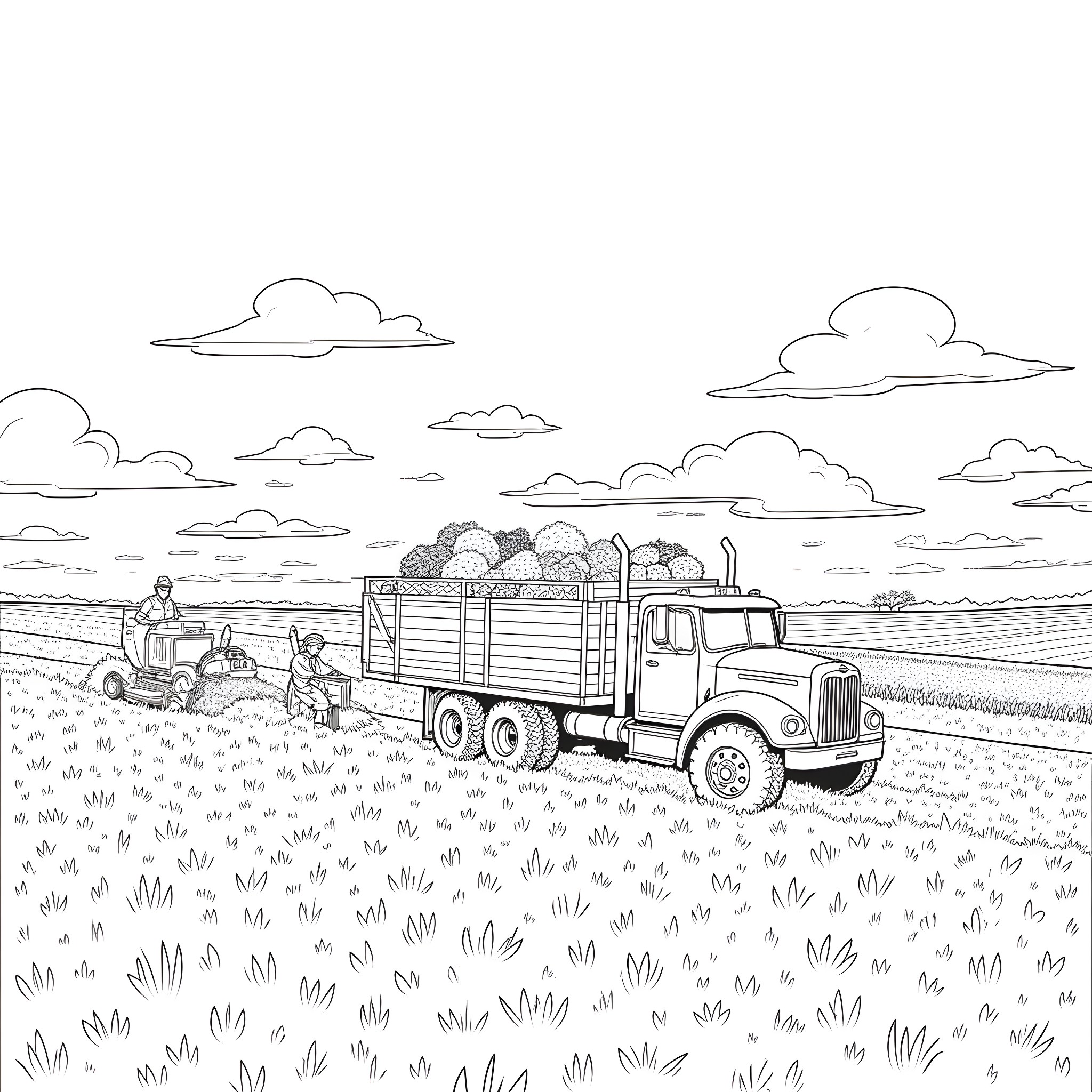Truck transporting produce through rural landscape Coloring Page (free black-and-white line drawing printable PDF for all, from beginners to advanced learners, including children, teens, adults, and seniors)