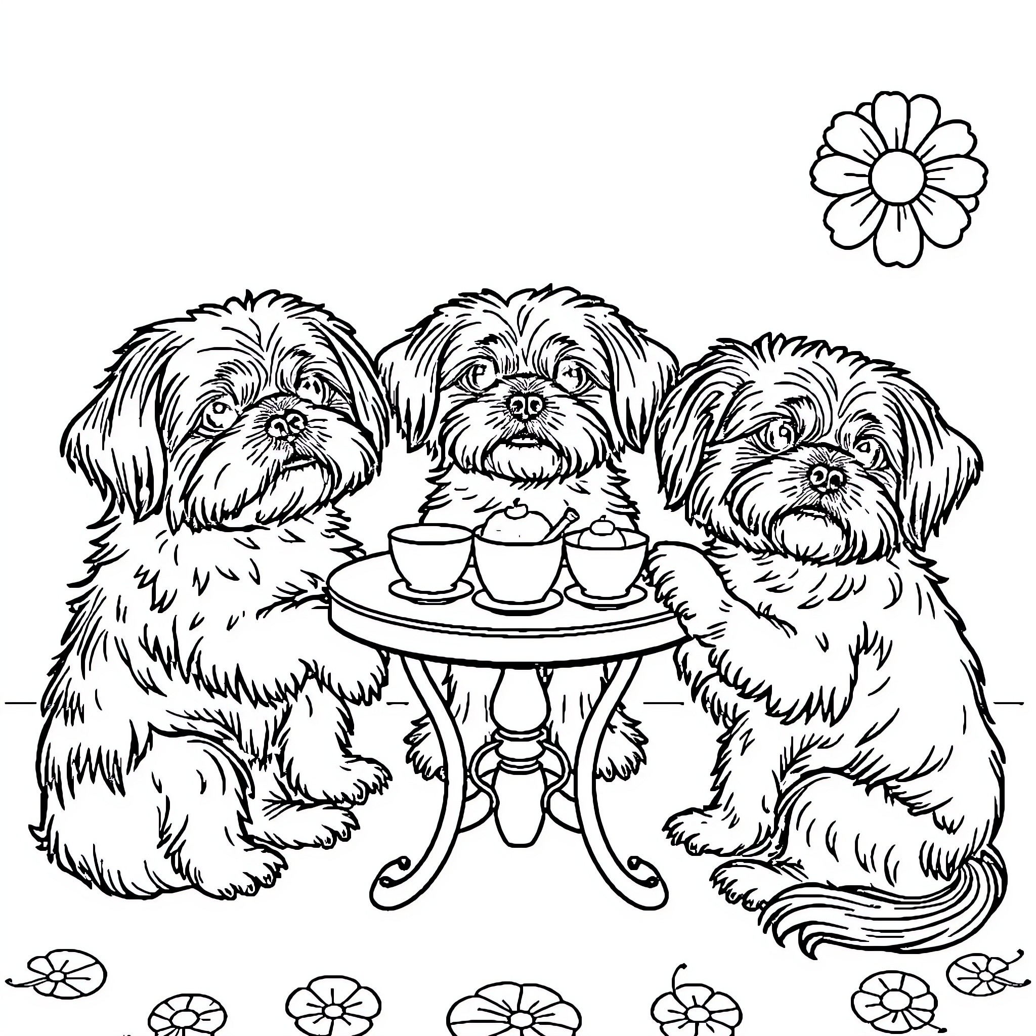 Shitzu dogs having tea party with flower Coloring Page (free black-and-white line drawing printable PDF for all, from beginners to advanced learners, including children, teens, adults, and seniors)