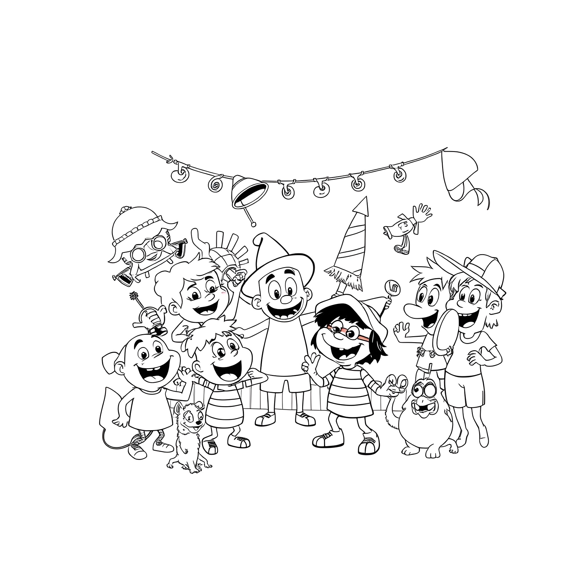 Butt Party Celebration with Cartoon Characters Coloring Page (free black-and-white line drawing printable PDF for all, from beginners to advanced learners, including children, teens, adults, and seniors)