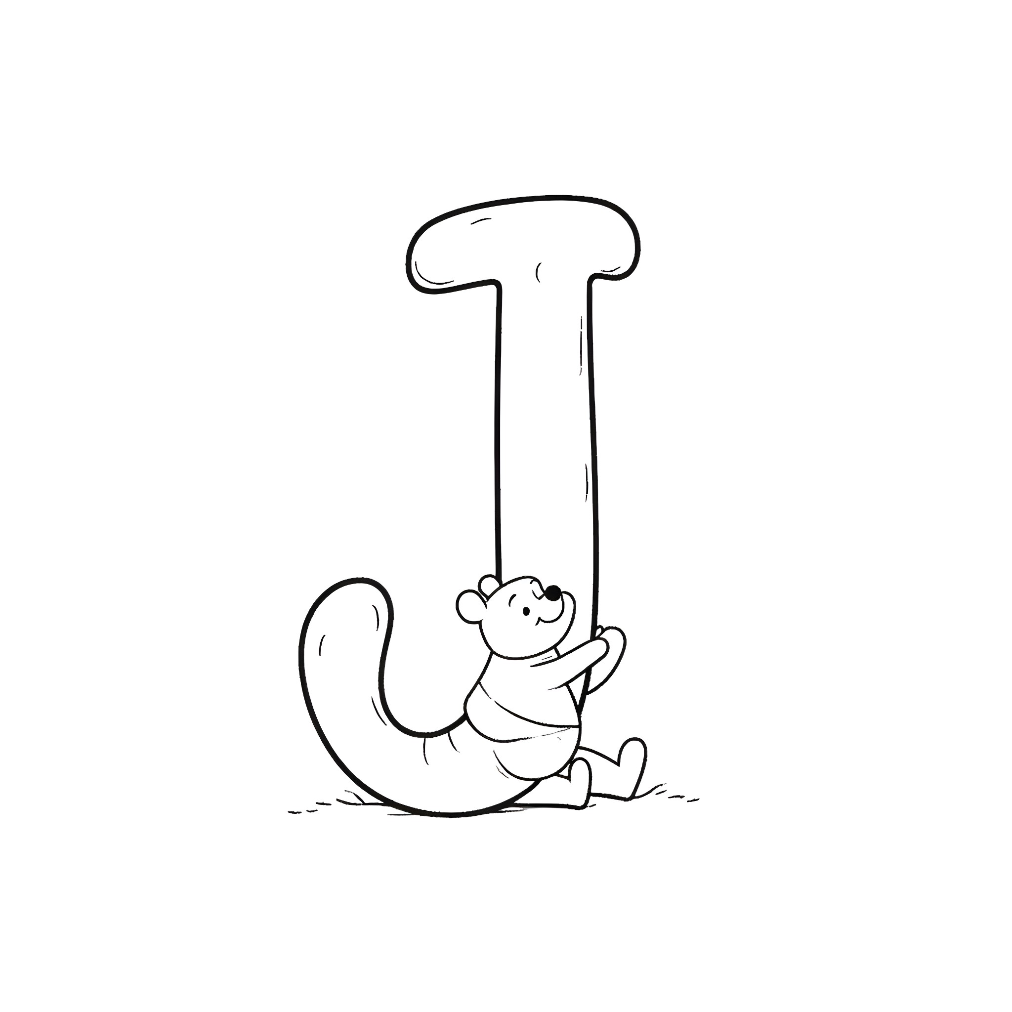 Winnie The Pooh sitting and playing with letter Coloring Page (free black-and-white line drawing printable PDF for all, from beginners to advanced learners, including children, teens, adults, and seniors)