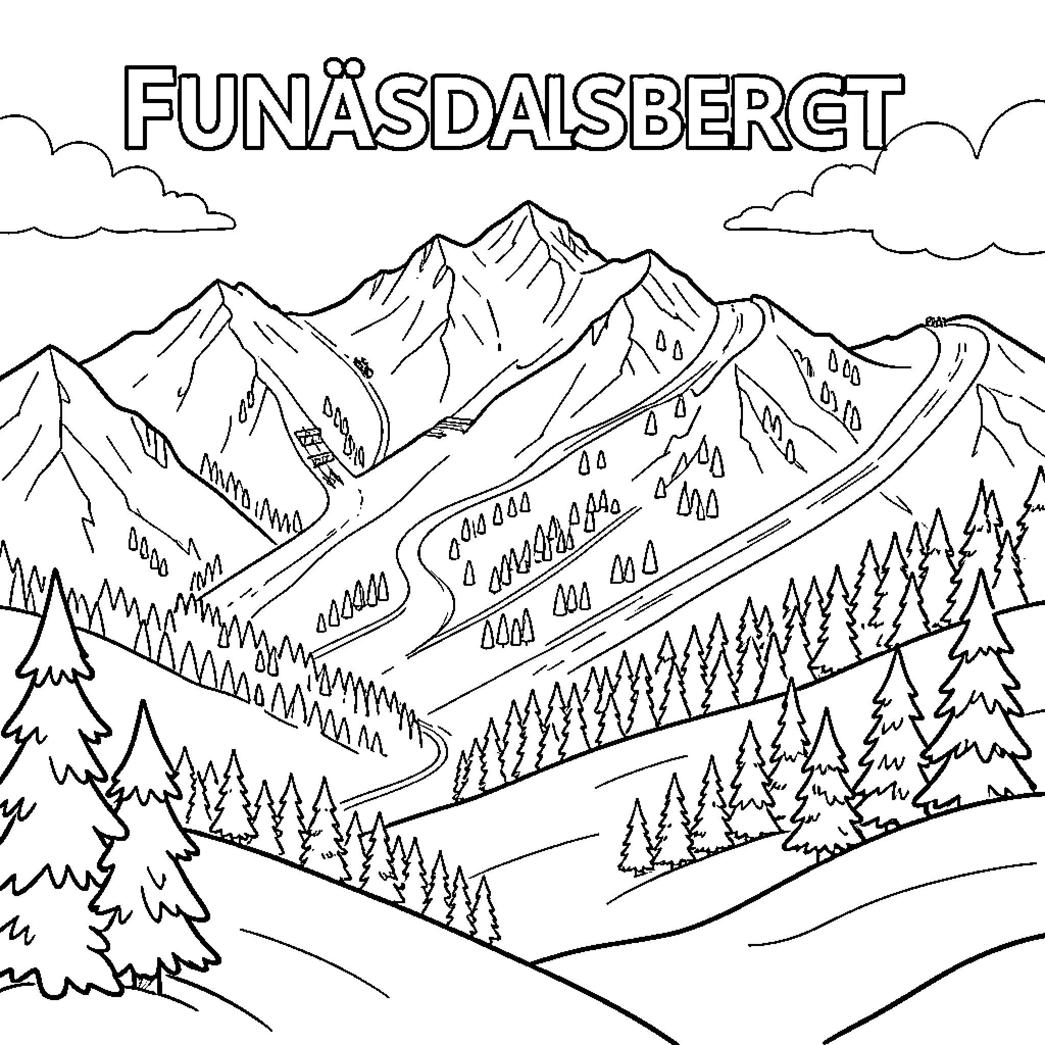Funäsdalsbergt - Snowy mountain landscape with pine forests Coloring Page (free black-and-white line drawing printable PDF for all, from beginners to advanced learners, including children, teens, adults, and seniors)