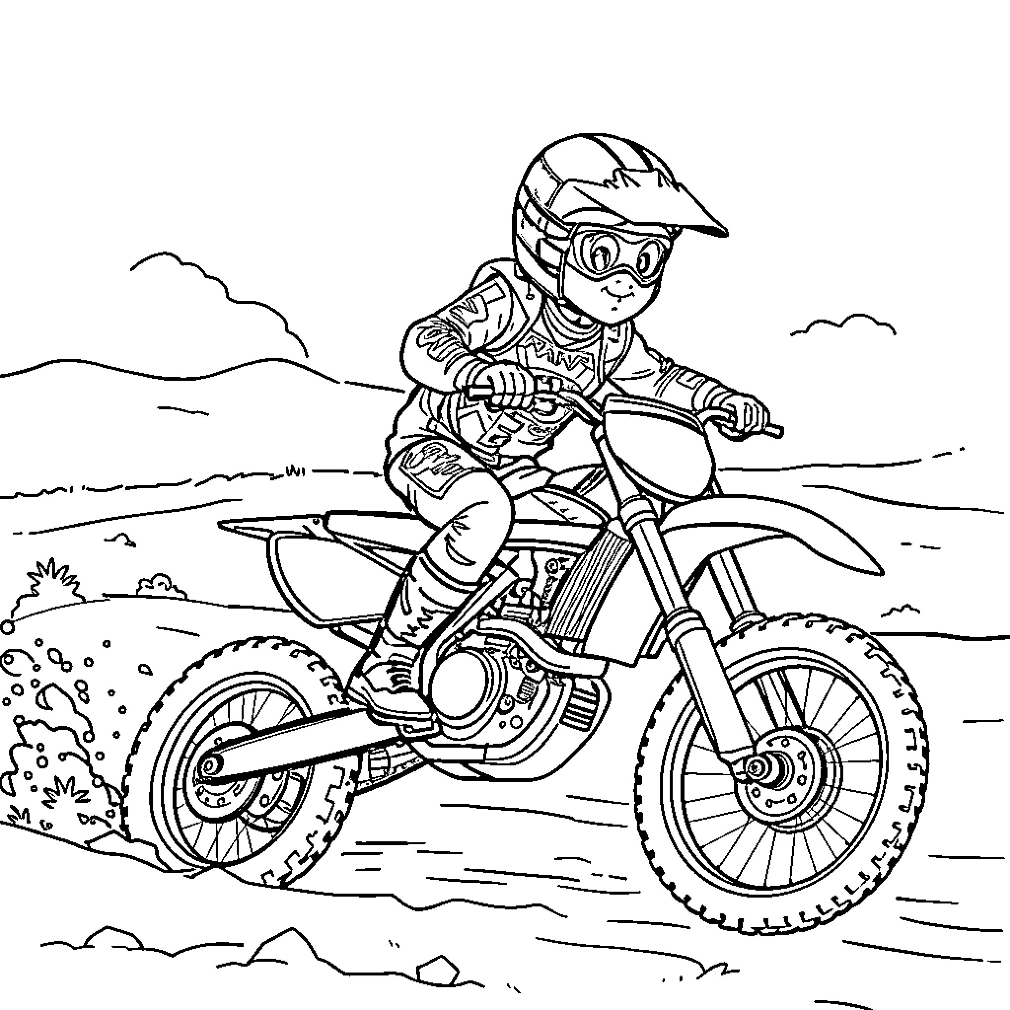Boy riding dirt bike on rugged terrain Coloring Page (free black-and-white line drawing printable PDF for all, from beginners to advanced learners, including children, teens, adults, and seniors)