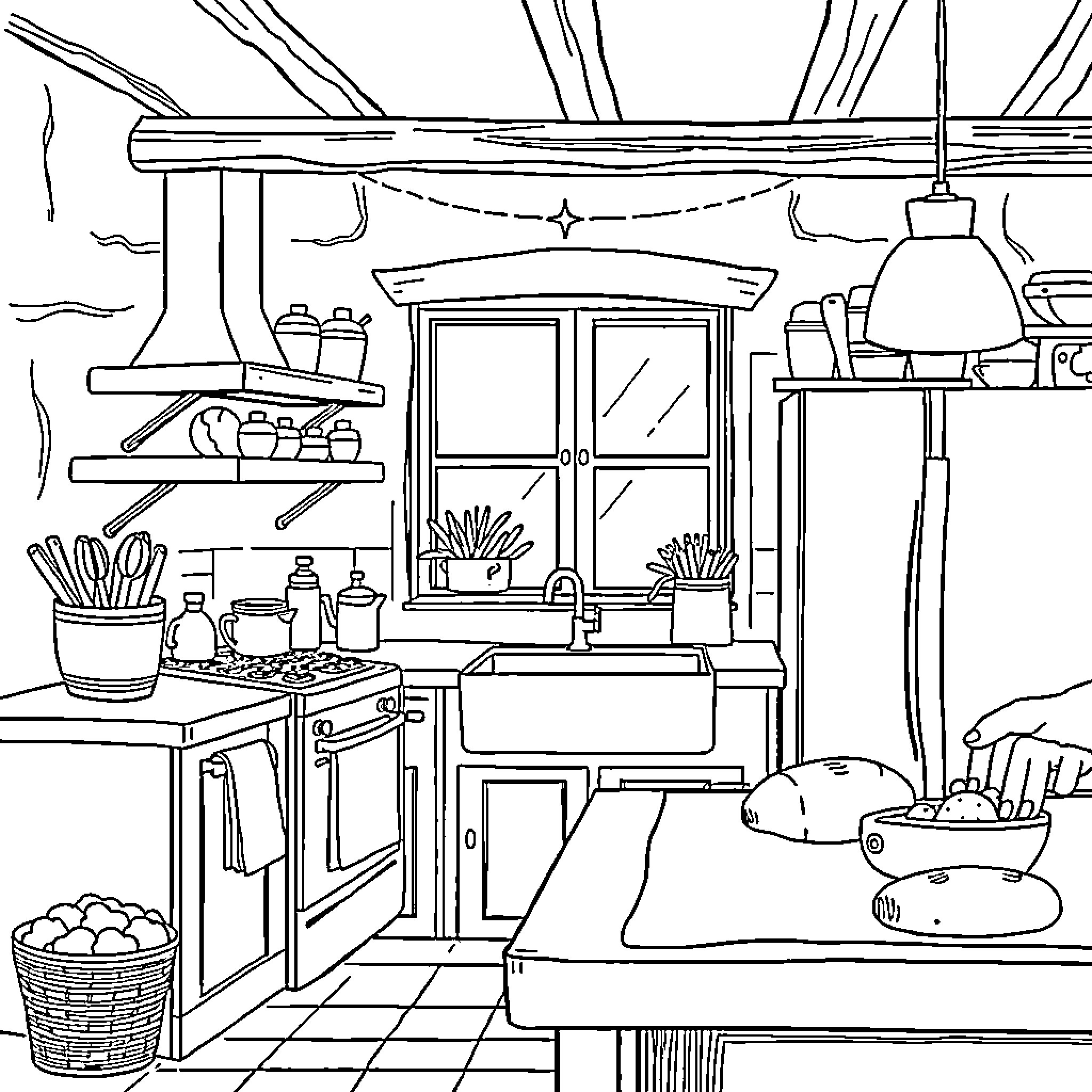 Kitchen Utensils and Appliances in a Cozy Home Coloring Page (free black-and-white line drawing printable PDF for all, from beginners to advanced learners, including children, teens, adults, and seniors)