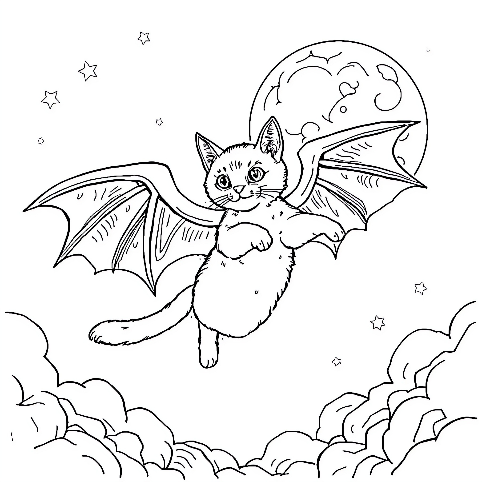 Flying Cat Soaring Through the Starry Night Sky Coloring Page (free black-and-white line drawing printable PDF for all, from beginners to advanced learners, including children, teens, adults, and seniors)