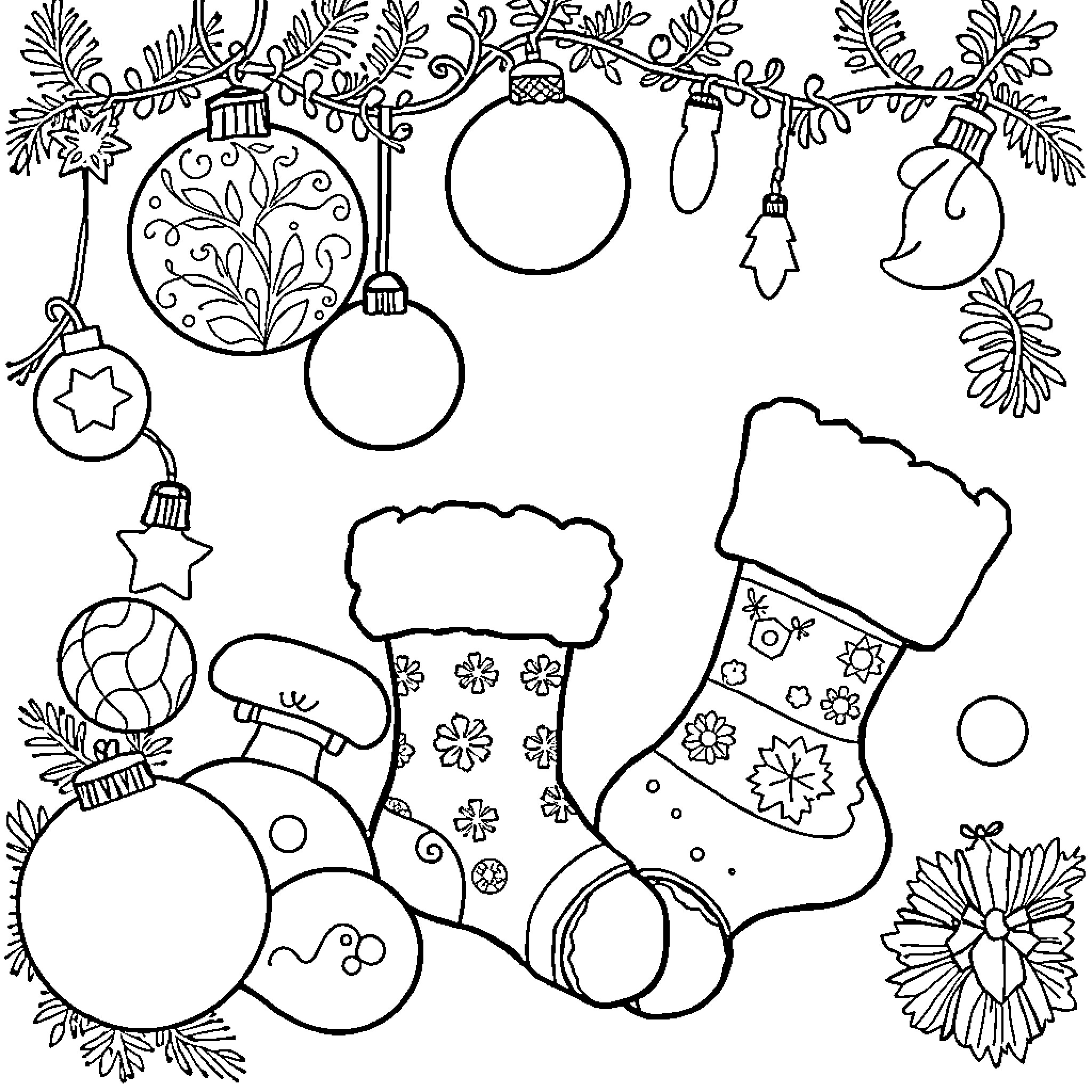 Christmas Ornaments and Winter Attire Coloring Page (free black-and-white line drawing printable PDF for all, from beginners to advanced learners, including children, teens, adults, and seniors)