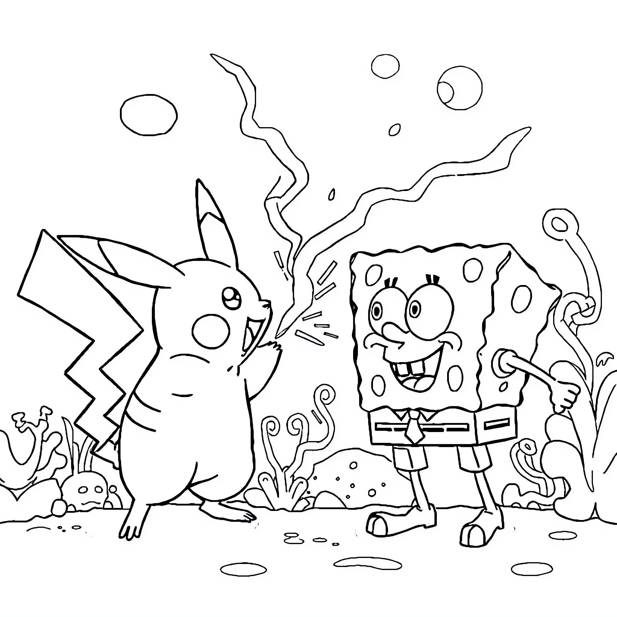 Pikachu having fun with SpongeBob Coloring Page (free black-and-white line drawing printable PDF for all, from beginners to advanced learners, including children, teens, adults, and seniors)