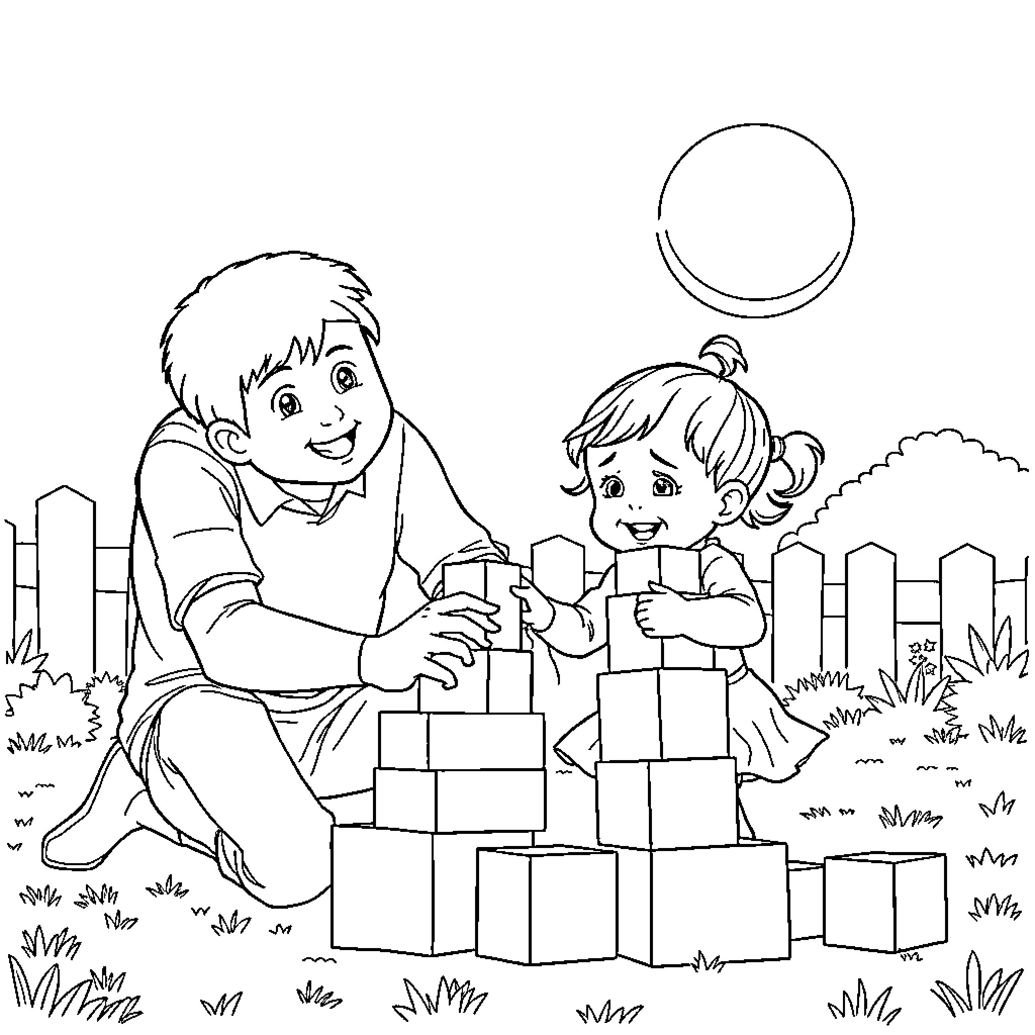 Girl and Boy Building Blocks in the Park Coloring Page (free black-and-white line drawing printable PDF for all, from beginners to advanced learners, including children, teens, adults, and seniors)
