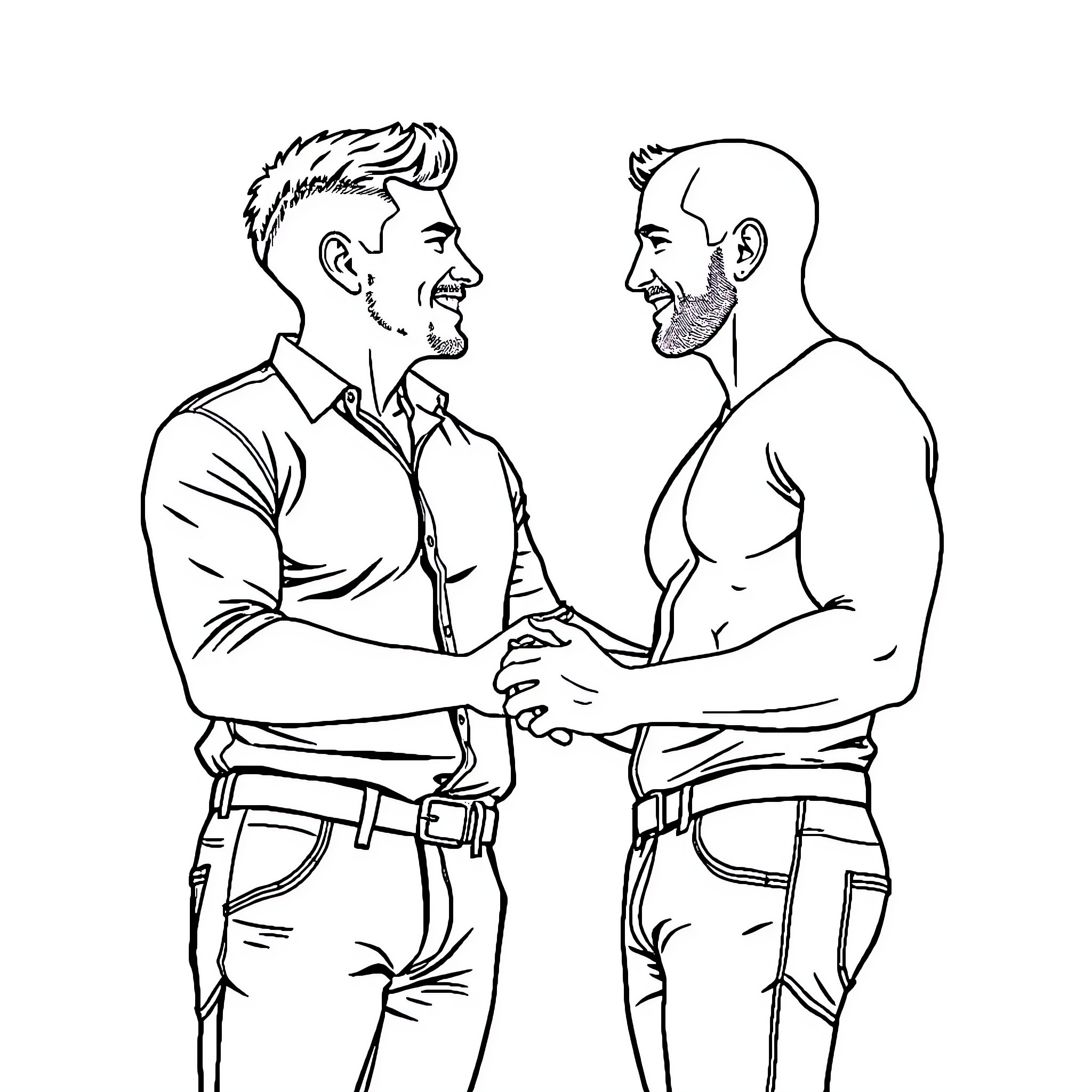 Man shaking hands with another man in conversation Coloring Page (free black-and-white line drawing printable PDF for all, from beginners to advanced learners, including children, teens, adults, and seniors)