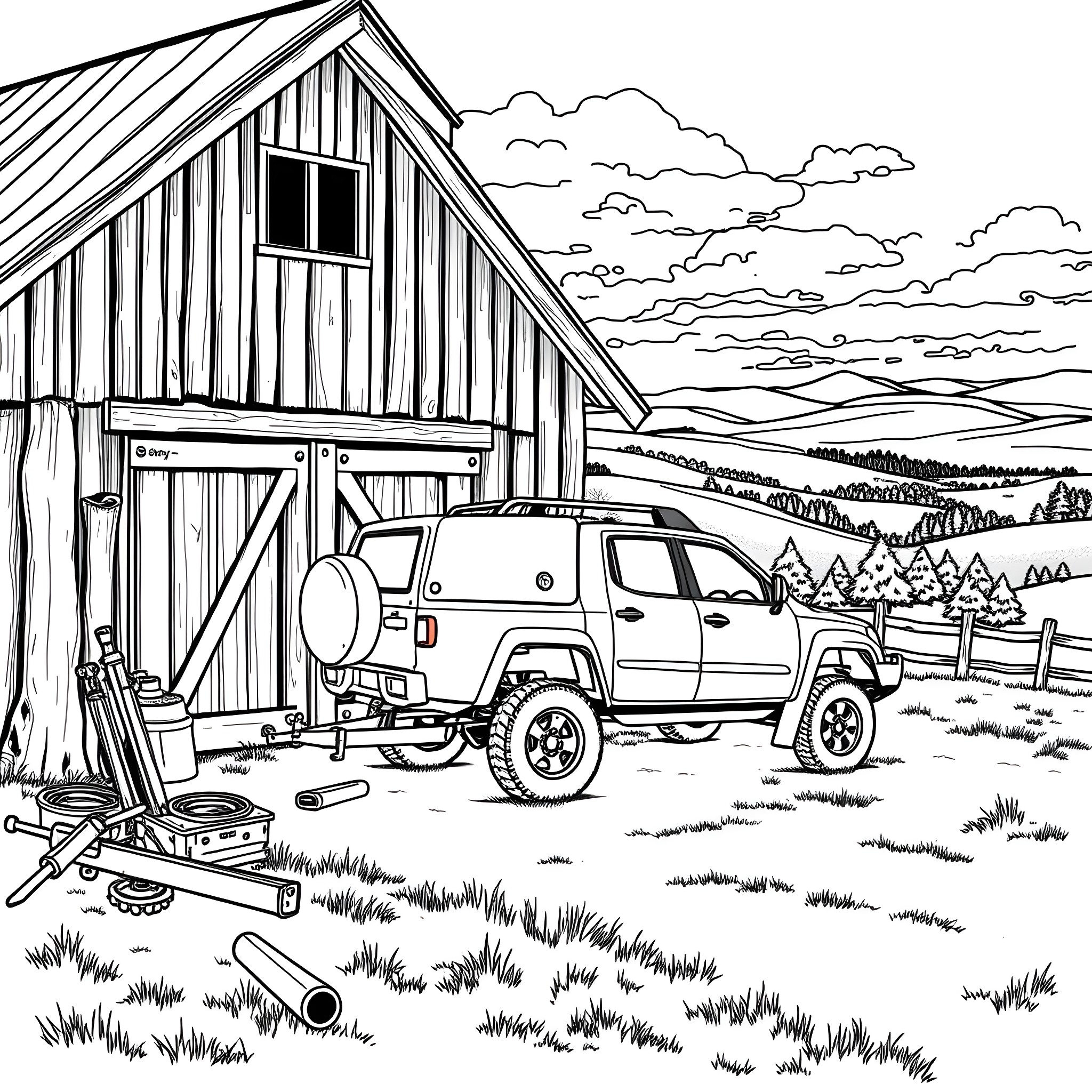 Car Trailer in the Countryside Landscape Coloring Page (free black-and-white line drawing printable PDF for all, from beginners to advanced learners, including children, teens, adults, and seniors)