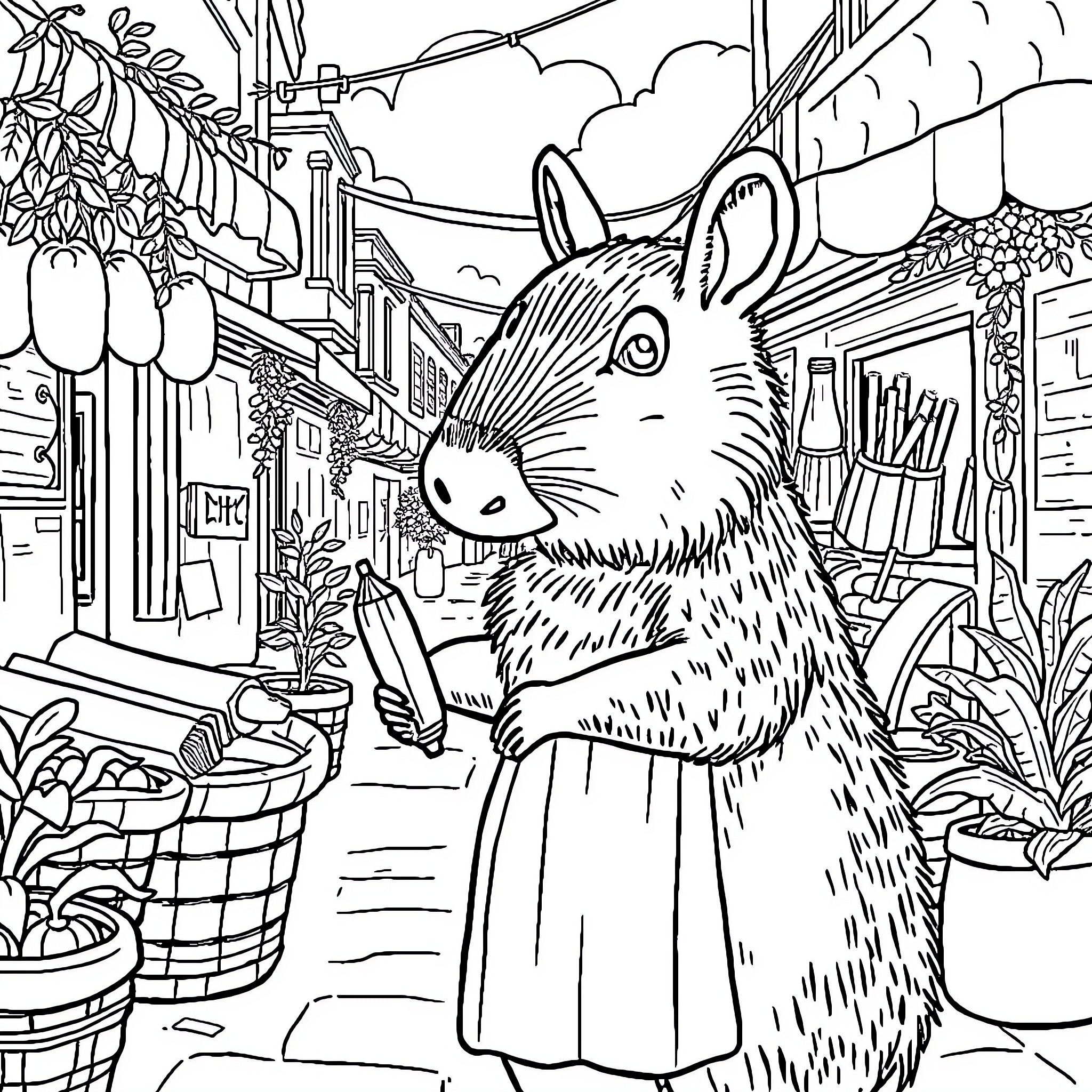 Capybara exploring a charming rural village scene Coloring Page (free black-and-white line drawing printable PDF for all, from beginners to advanced learners, including children, teens, adults, and seniors)