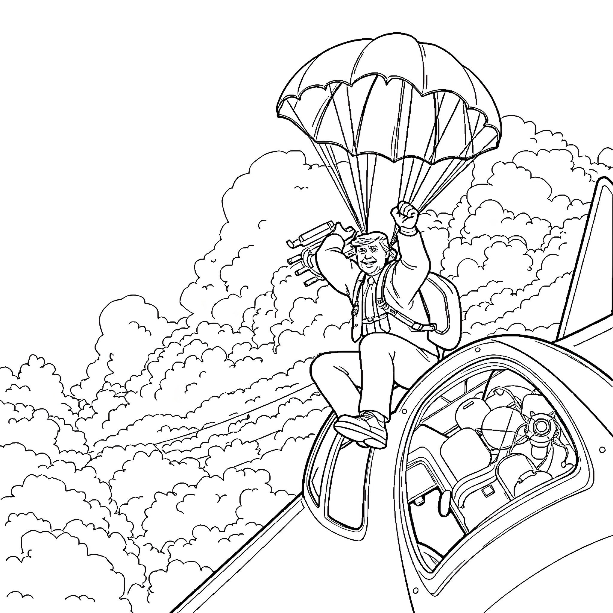 Trump parachuting into a cloudy sky Coloring Page (free black-and-white line drawing printable PDF for all, from beginners to advanced learners, including children, teens, adults, and seniors)