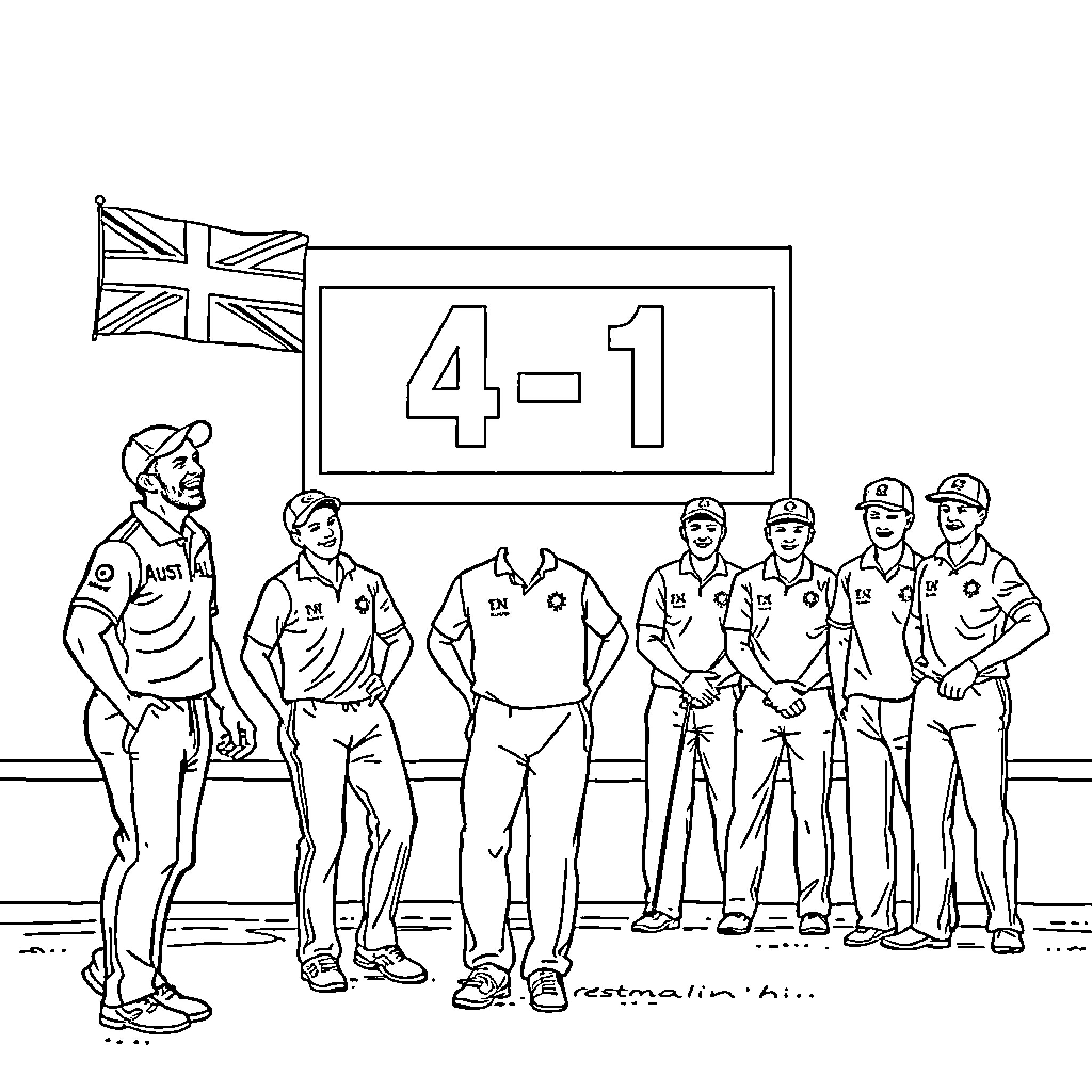 Cricket team members standing in front of scoreboard Coloring Page (free black-and-white line drawing printable PDF for all, from beginners to advanced learners, including children, teens, adults, and seniors)