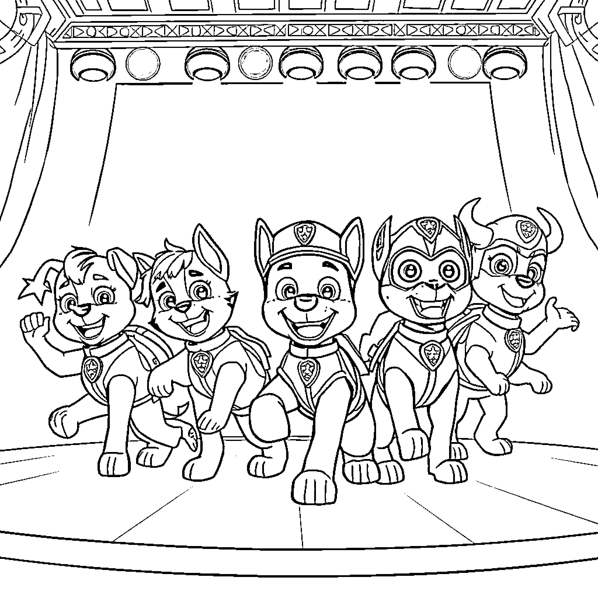 Paw Patrol Puppies Performing on Stage Coloring Page (free black-and-white line drawing printable PDF for all, from beginners to advanced learners, including children, teens, adults, and seniors)
