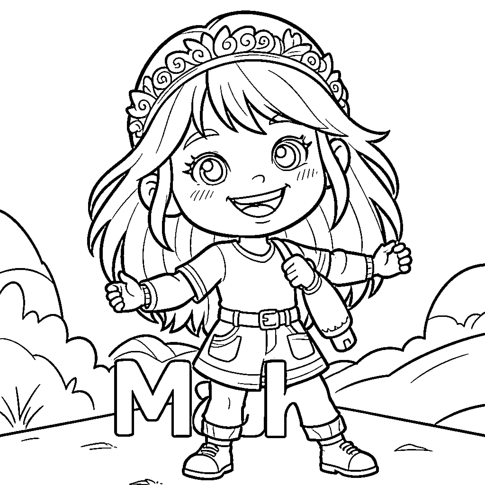 Mahi smiling happily while wearing a headband and shorts Coloring Page (free black-and-white line drawing printable PDF for all, from beginners to advanced learners, including children, teens, adults, and seniors)