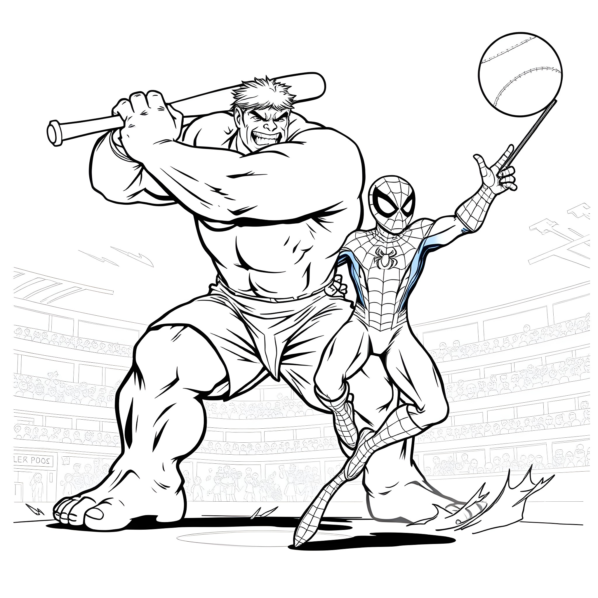 Hulk facing off against Spider-Man in epic battle Coloring Page (free black-and-white line drawing printable PDF for all, from beginners to advanced learners, including children, teens, adults, and seniors)