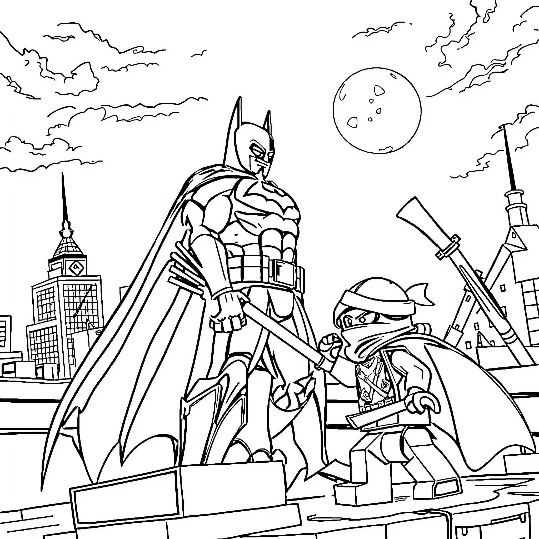 Batman fighting crime in the moonlit city Coloring Page (free black-and-white line drawing printable PDF for all, from beginners to advanced learners, including children, teens, adults, and seniors)