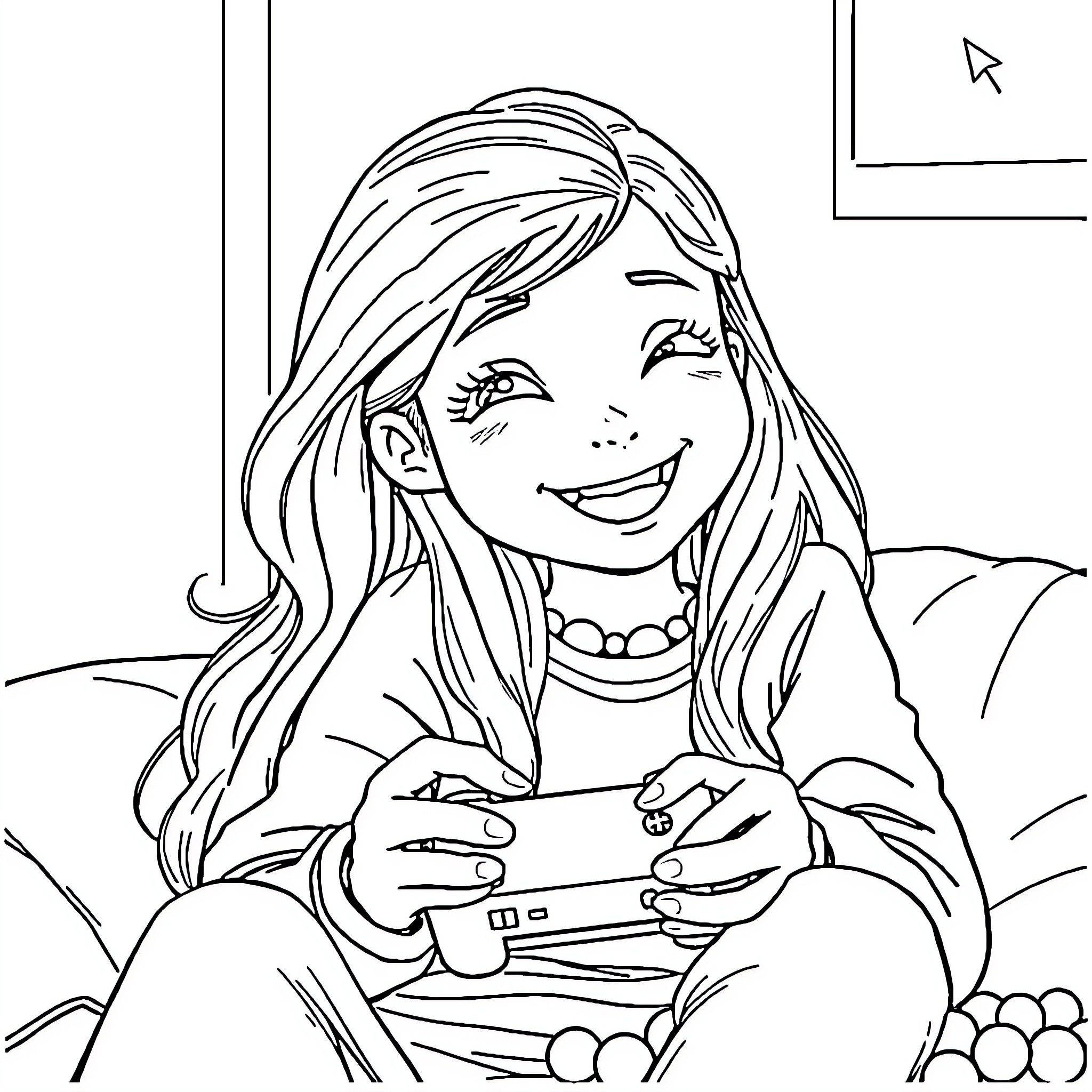 Girl happily playing with a device Coloring Page (free black-and-white line drawing printable PDF for all, from beginners to advanced learners, including children, teens, adults, and seniors)