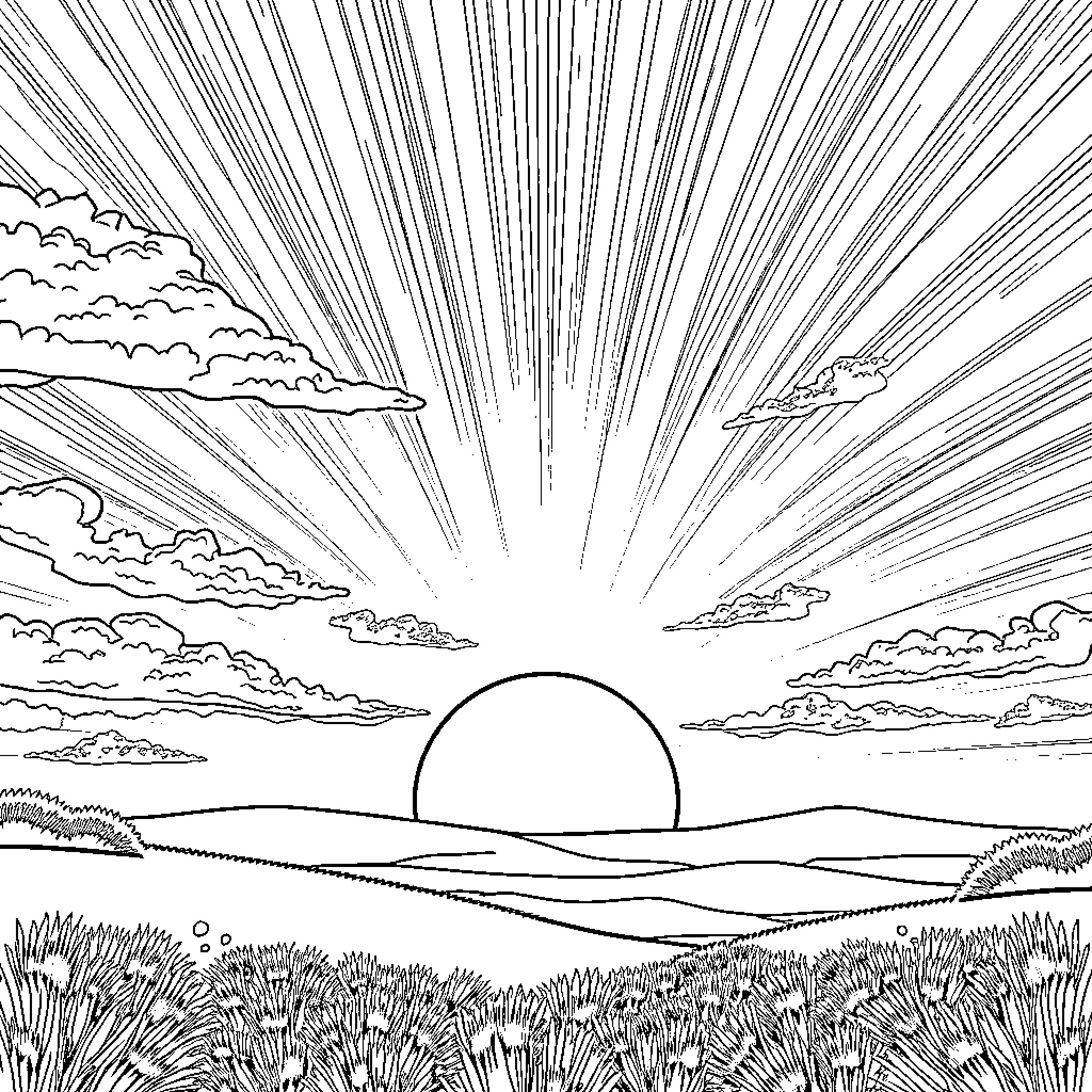 Sunrise over serene landscape with clouds Coloring Page (free black-and-white line drawing printable PDF for all, from beginners to advanced learners, including children, teens, adults, and seniors)